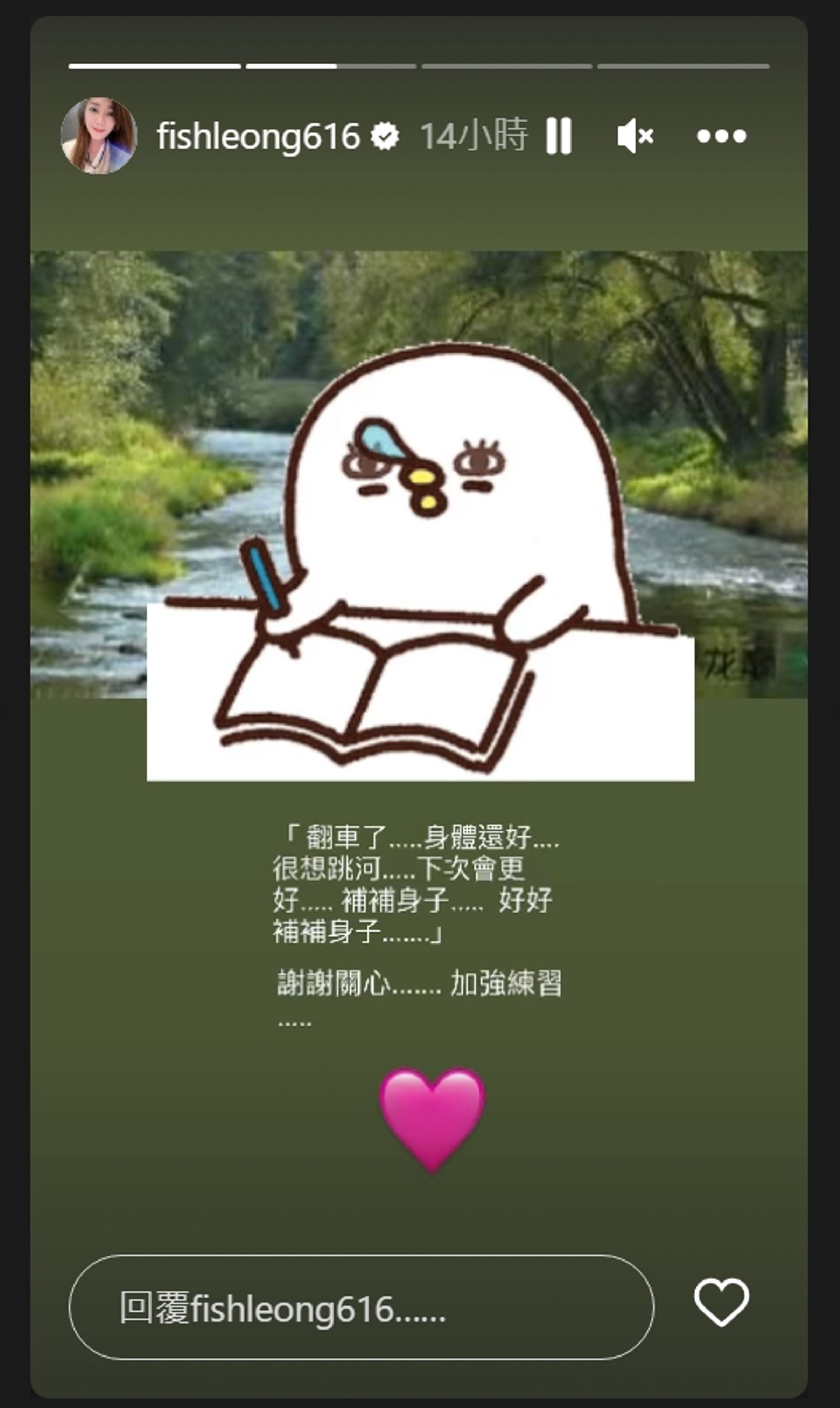 梁靜茹在IG限時動態發聲,她感謝大家的關心,並承諾會再加強練習。(翻攝自梁靜茹IG)