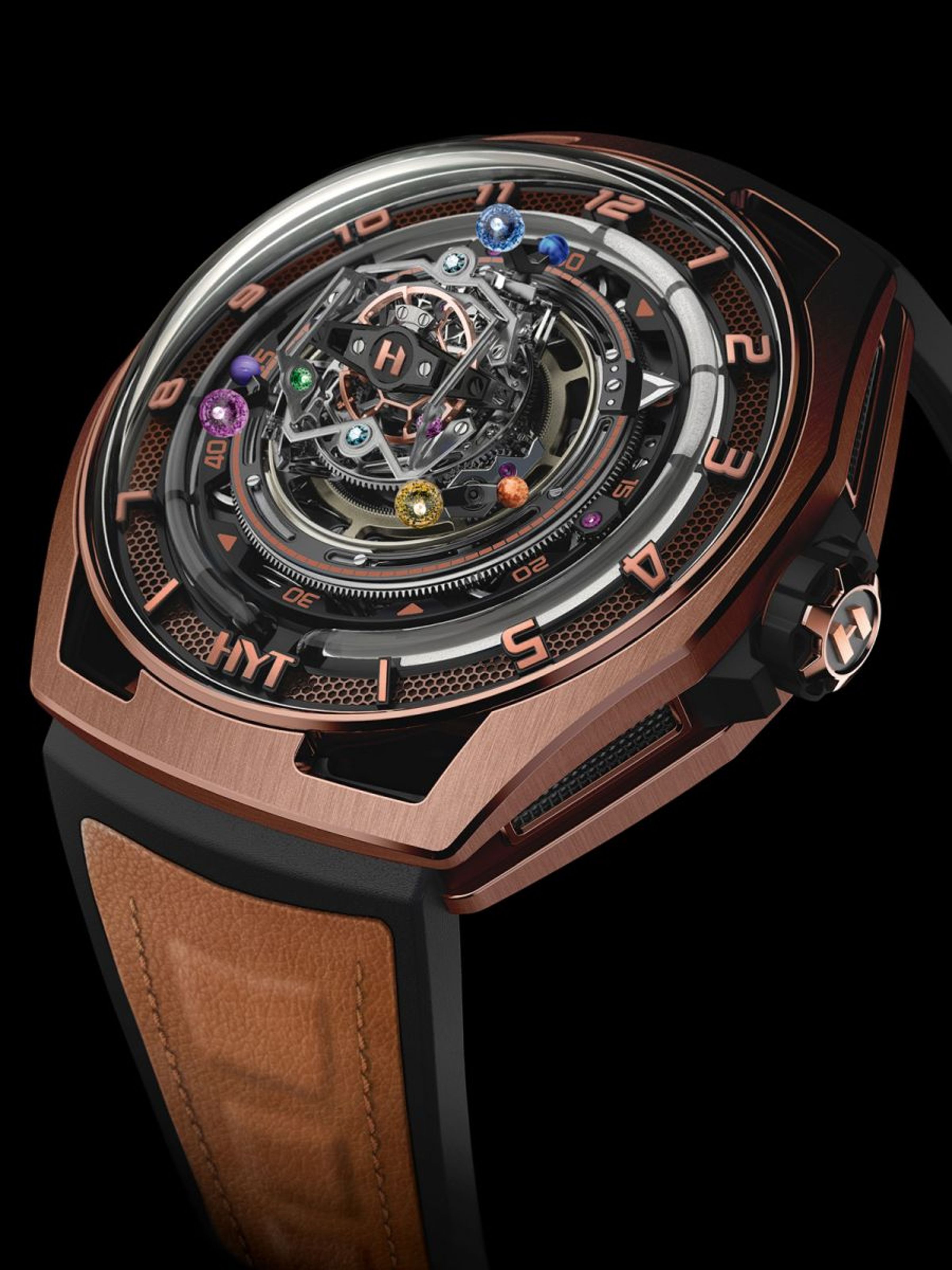 HYT Conical Tourbillon Infinity Sapphires，結合流體力學時間顯示與「錐形陀飛輪」結構，還可客訂旋轉寶石的顏色與材質，令人歎為觀止。定價約NT$15,600,000。