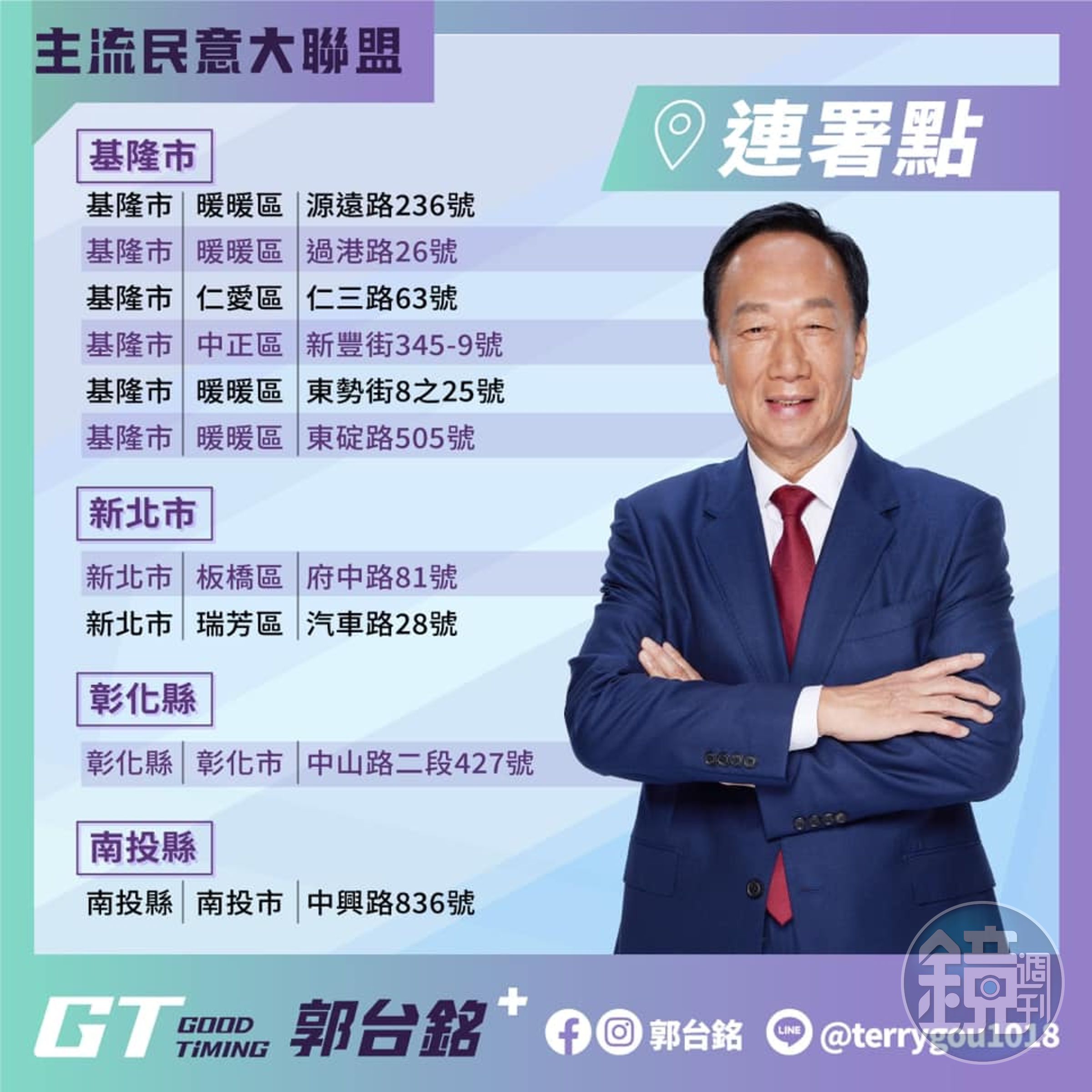 郭台銘公布第三波連署站點。（翻攝自郭台銘臉書）