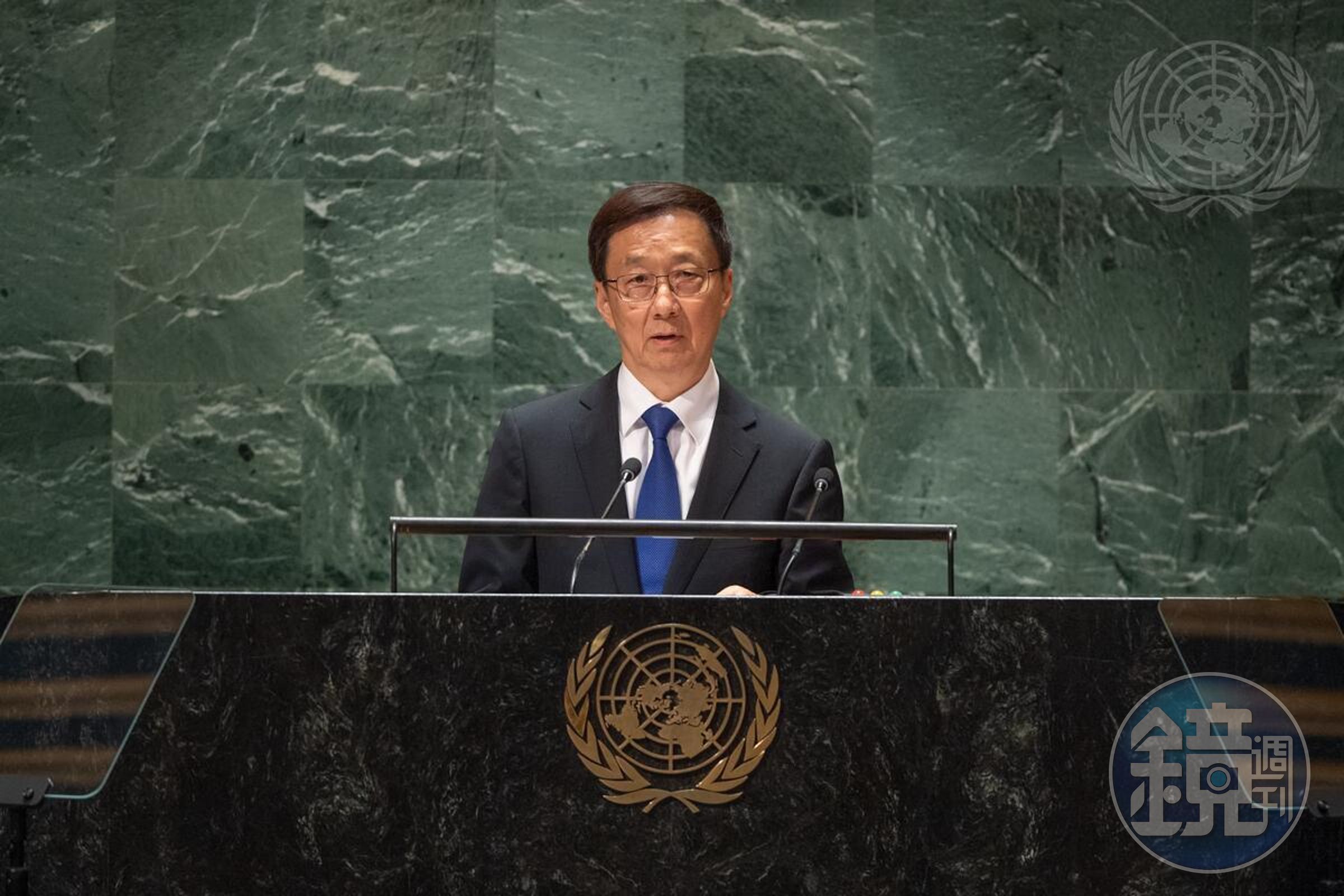 中國副主席韓正聯合國發言,警告「勿低估陸對台灣的強烈決心」!又稱願用和平手段。(翻自聯合國官網)