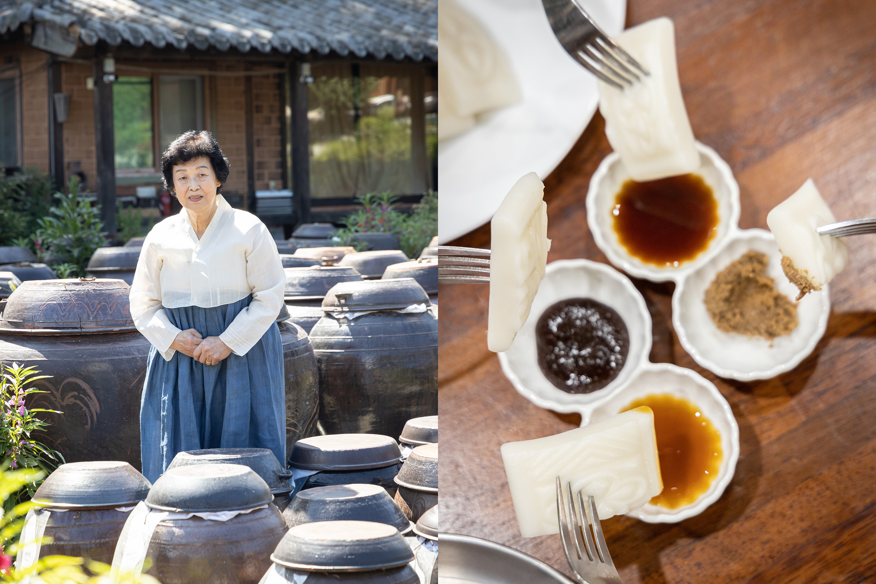 奇順度（左圖）是韓國的傳統醬料名人，她所製作的醬油、大醬與辣椒醬皆非常美味。