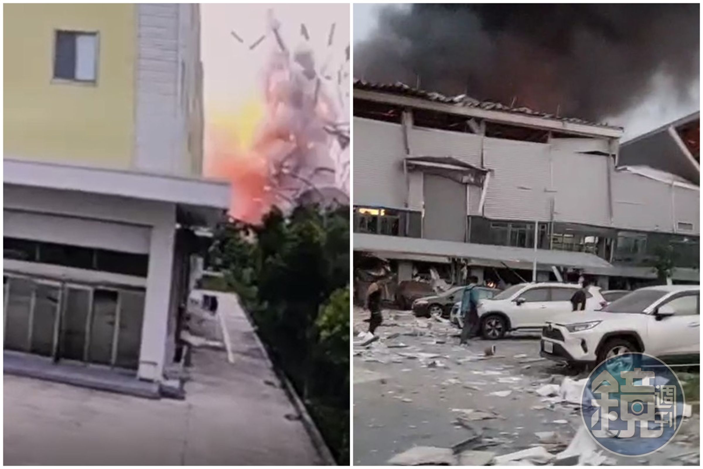 明揚國際廠房昨晚爆炸起火,引來員工圍觀,火勢越燒越大後民眾趕忙穿越停車場離開現場。(翻攝自鄭榮貴臉書)