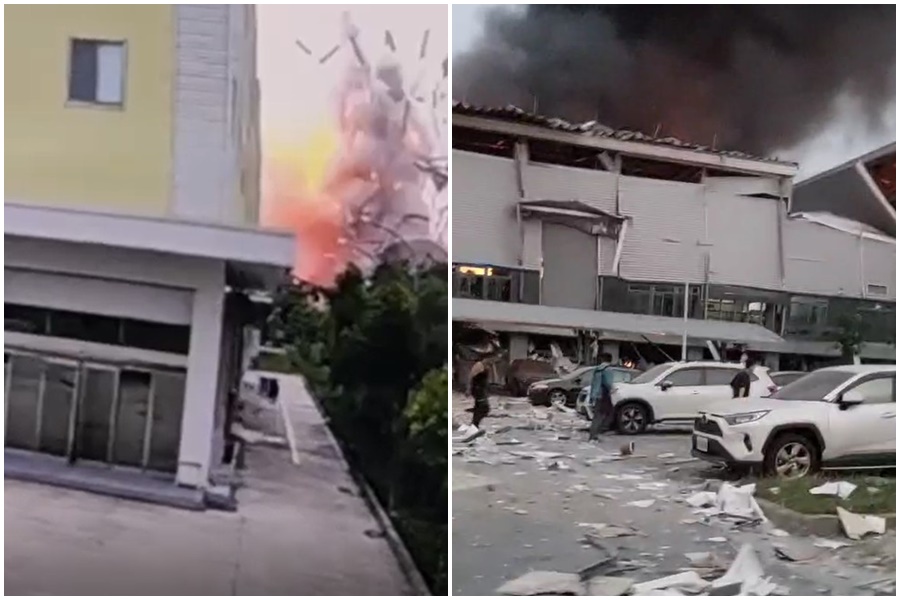 明揚國際廠房昨晚爆炸起火，引來員工圍觀，火勢越燒越大後民眾趕忙穿越停車場離開現場。（翻攝自鄭榮貴臉書）