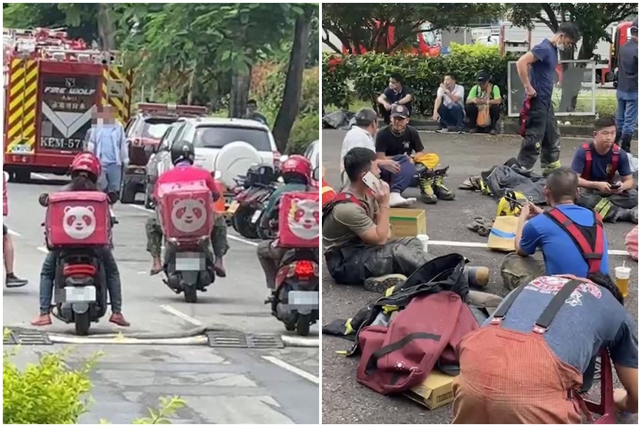 人間處處有溫情，屏東明揚國際發生爆炸意外，約有10外送員自發性送餐。（翻攝畫面、屏東縣消防局提供）