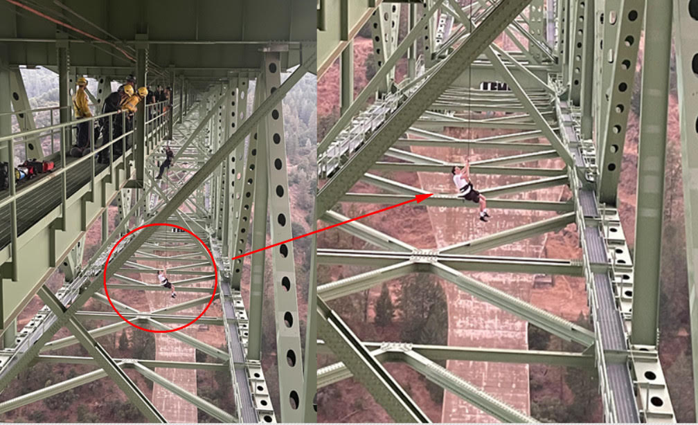 美國加州一名19歲少年在福里斯特希爾大橋挑戰高空盪鞦韆，沒想到受困在高空中。（翻攝X@PlacerSheriff）