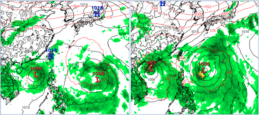 最新(23日20時)歐洲(ECMWF)模式模擬「中秋連假」〔29日20時(左圖)及1日20時(右圖)天氣圖顯示,南海及菲律賓東方海面各有熱帶擾動發展;北部海面有雨區,伴隨熱帶擾動向台灣輸送的水氣。(圖擷自tropical tidbits)