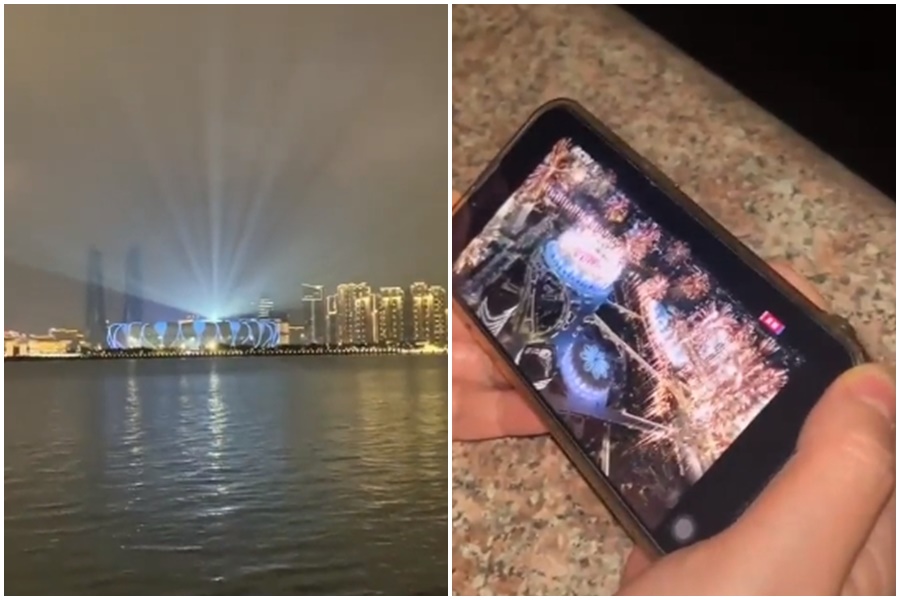 杭州亞運開幕煙火僅直播中有，現場沒有，讓網友笑稱「電子煙」。（翻攝自推特@whyyoutouzhele）