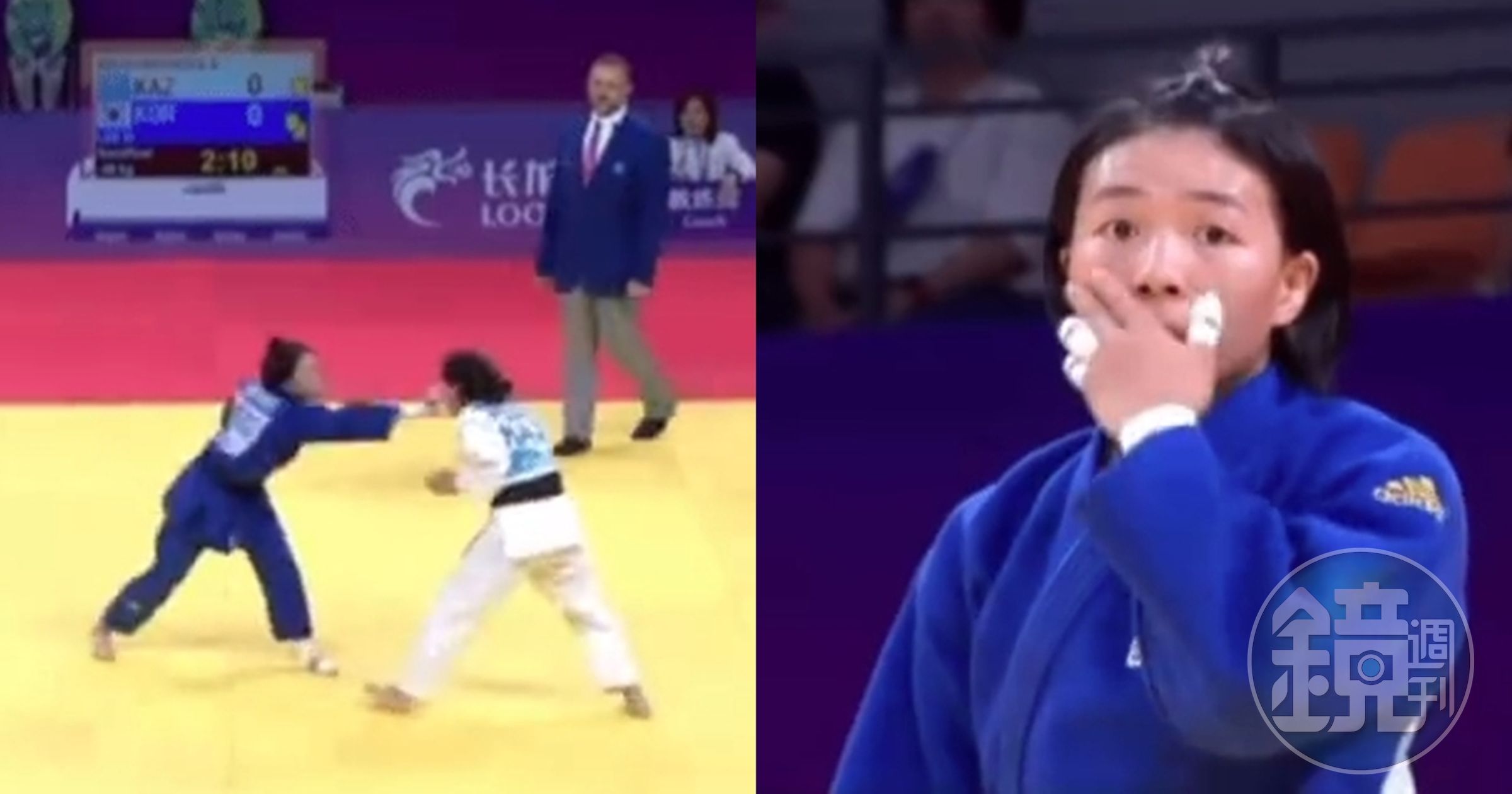 李慧卿(藍衣者)在比賽中賞了對手一巴掌,自己也傻眼。(翻攝自微博)