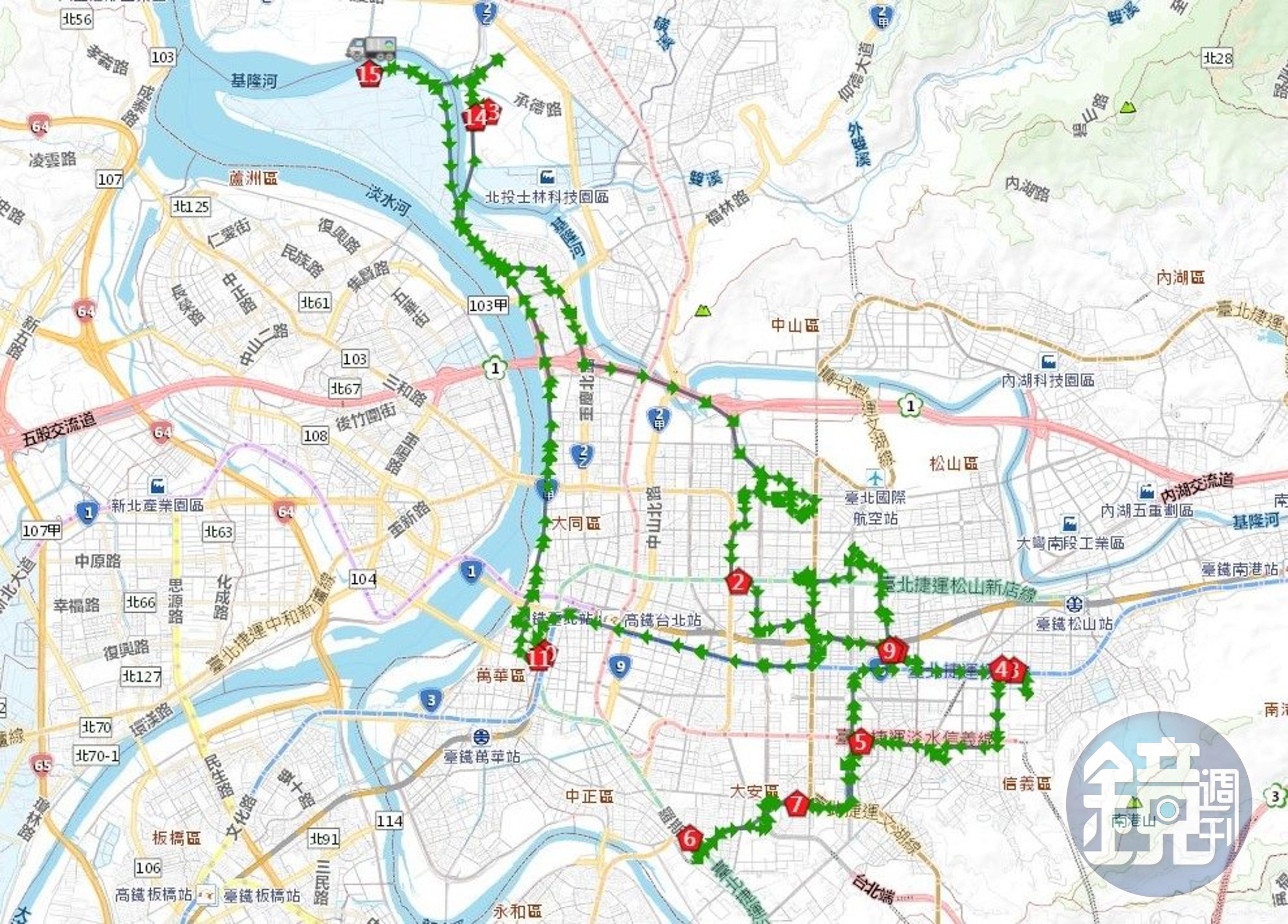 北市環保局追蹤GPS車輛軌跡。示意圖,非違規車輛軌跡。(北市環保局提供)