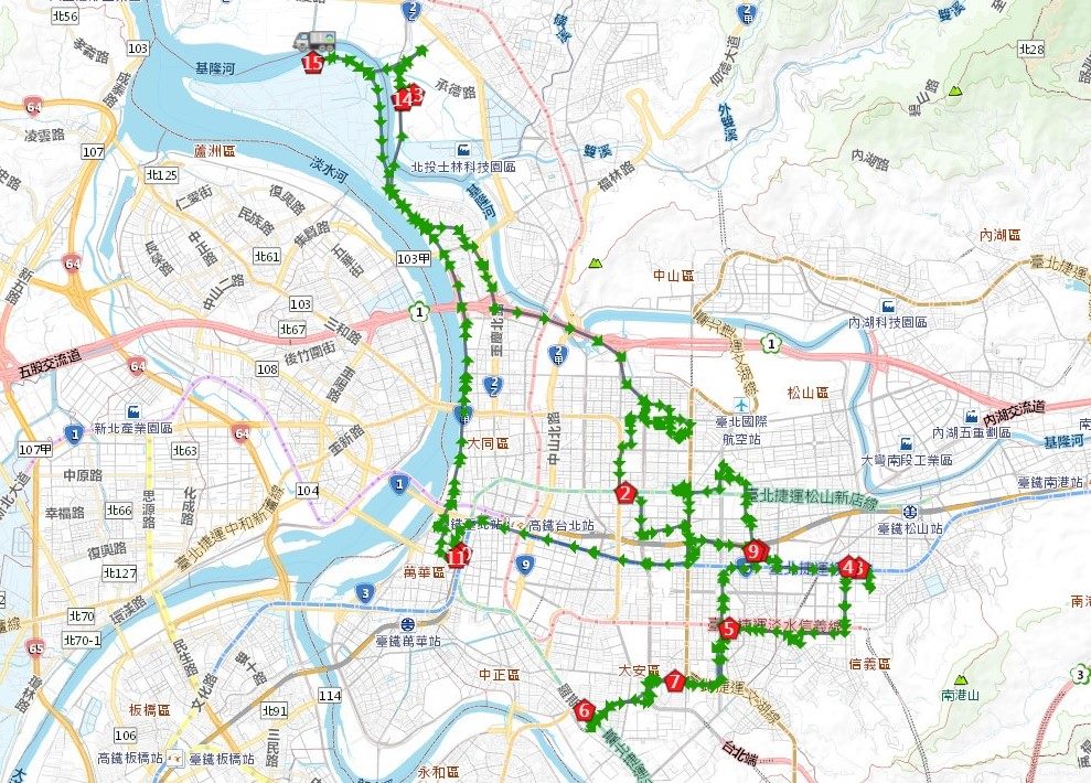 北市環保局追蹤GPS車輛軌跡。示意圖，非違規車輛軌跡。（北市環保局提供）
