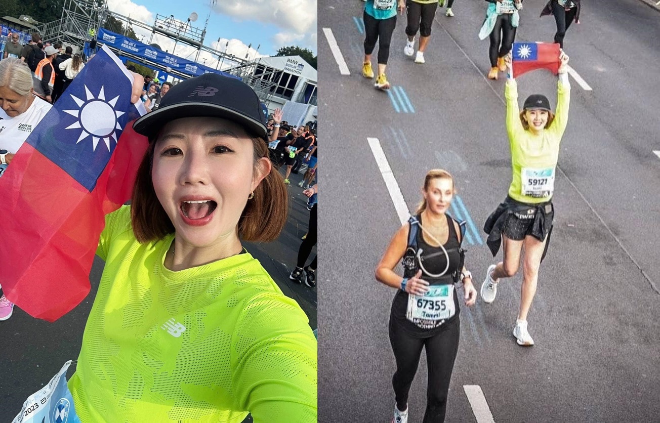 謝忻完賽世界六大馬拉松賽事之一的「柏林馬拉松」，貼出自己高舉台灣國旗的照片。（翻攝謝忻臉書）