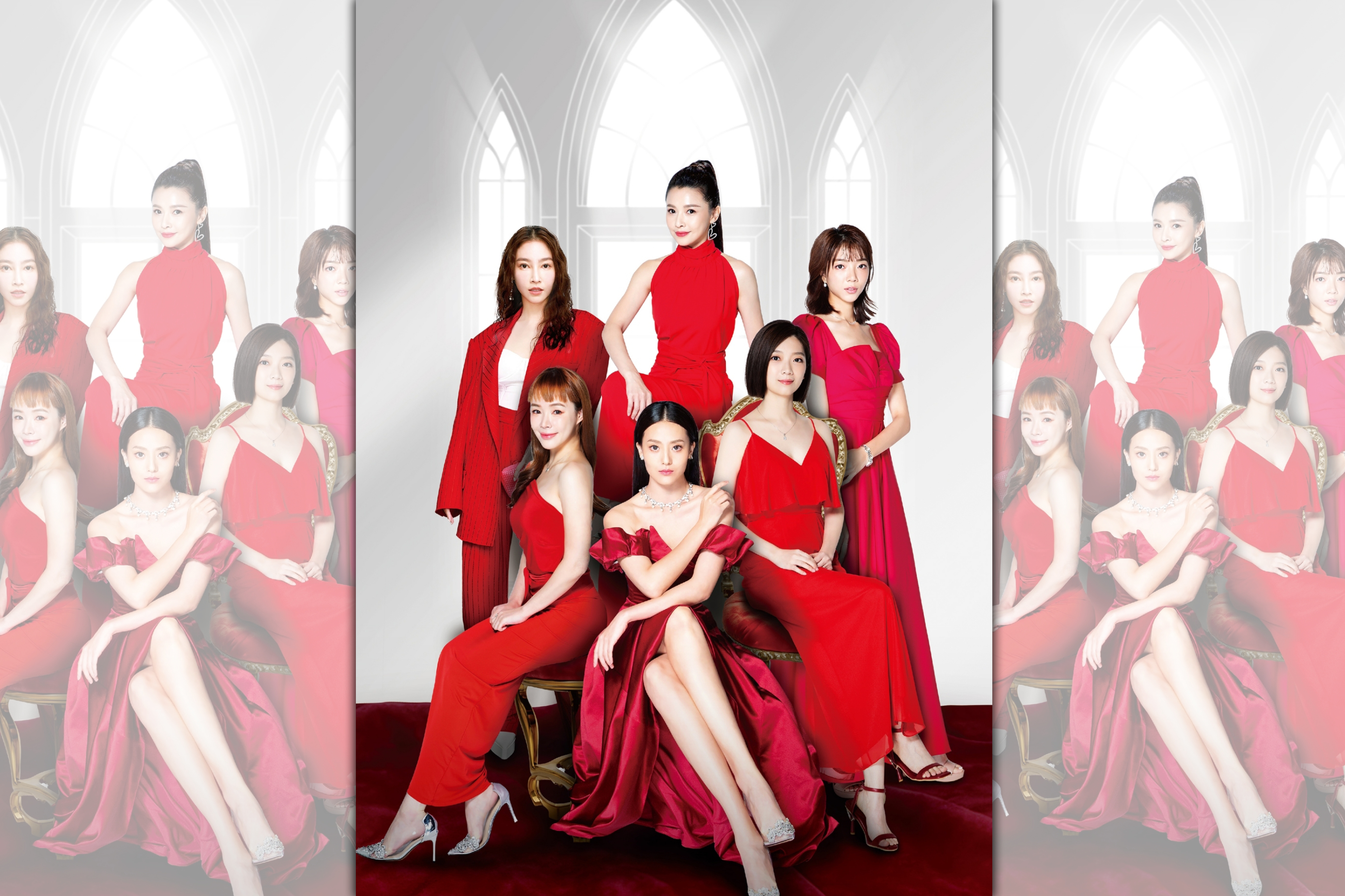 左上張家瑋、左下陳又榕、中上吳婉君、中下顏曉筠、右二傅小芸、右一周宇柔。（民視提供）