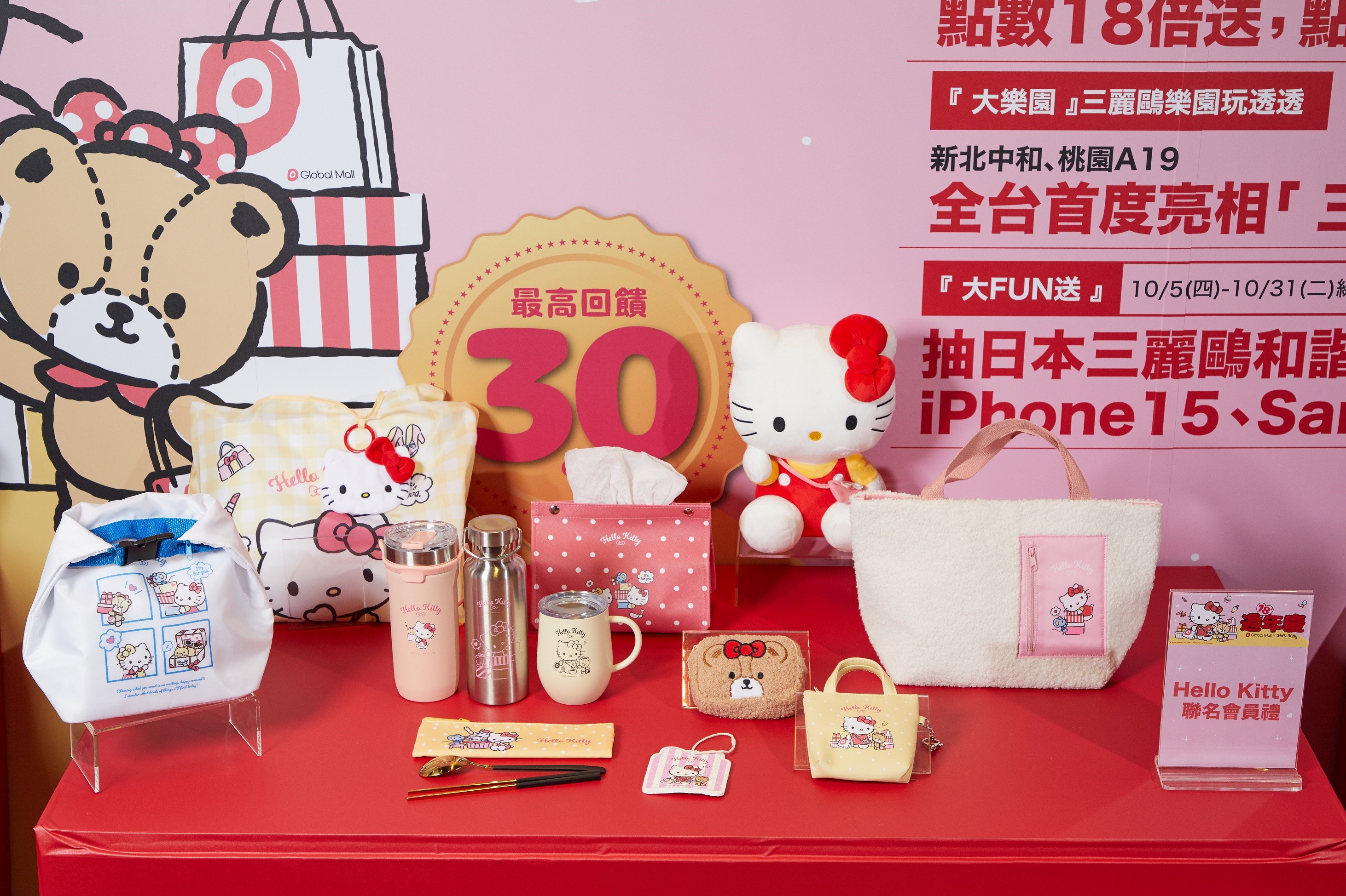 Global Mall X Hello Kitty聯名會員禮,都是各式可愛實用生活小物,像是蛋形杯、絨毛零錢包、菜瓜布、保溫袋等。(業者提供)