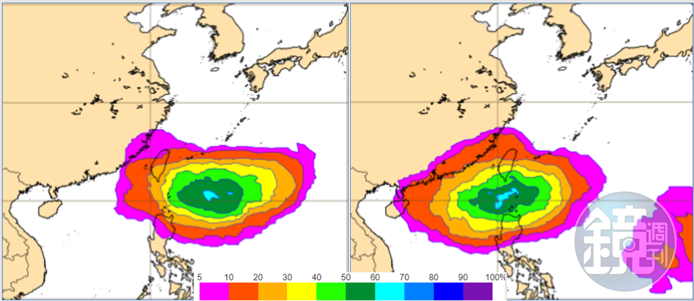 最新(27日20時)歐洲(ECMWF)系集模式模擬顯示,4日20時台灣東南方海面,熱帶擾動發展成颱機率已調高至70%(左圖),6日20時機率最高值已移入巴士海峽(右圖)。(翻攝三立準氣象.老大洩天機網站)