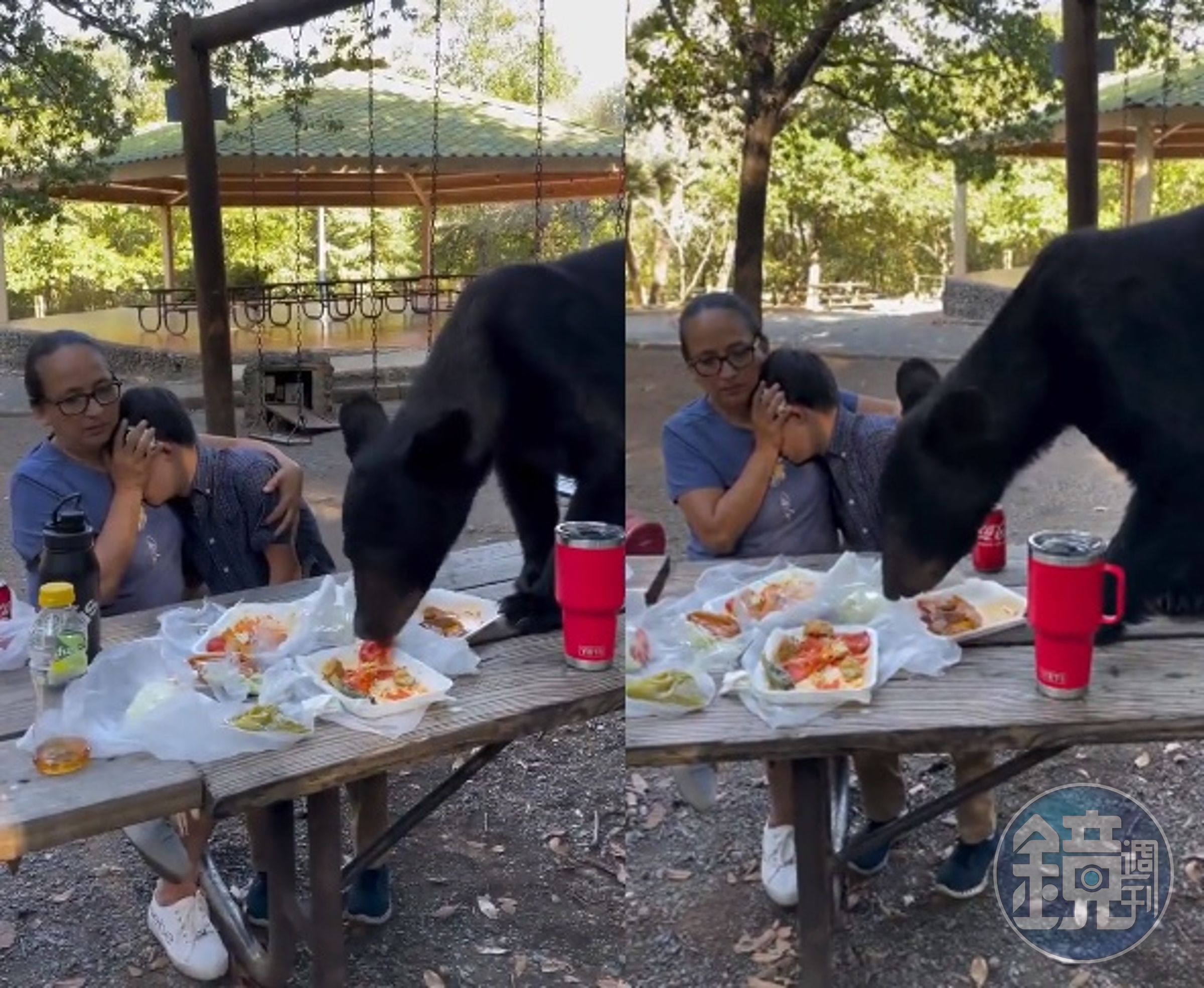 希薇亞錦抱著兒子,並遮住他的眼睛,不讓他受到驚嚇。(翻攝自推特@crazyclipsonly)