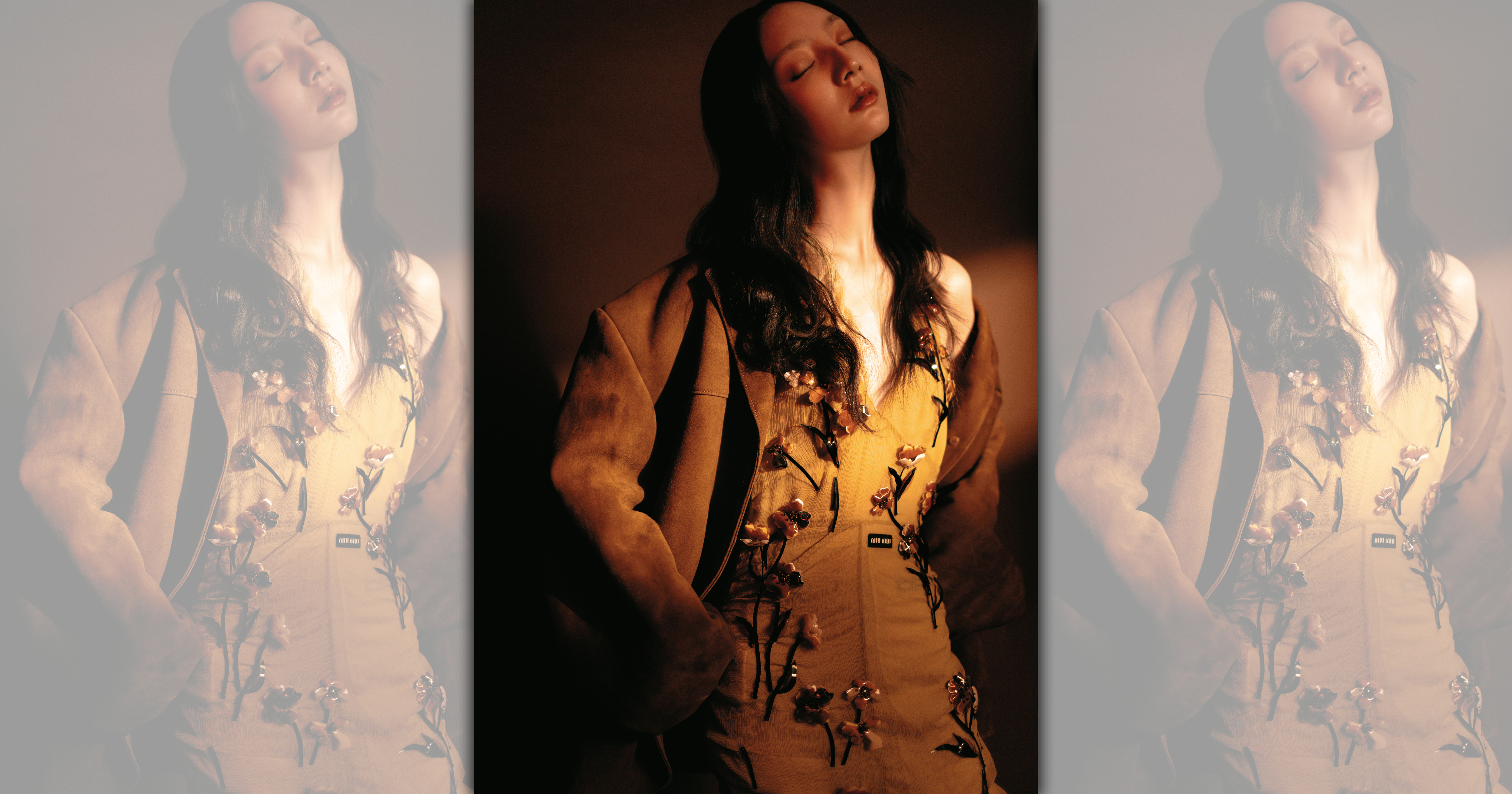 棕色麂皮外套 NT$200,000 by PRADA／芥末黃刺繡洋裝 價格店洽 by MIU MIU