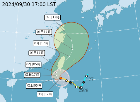 中颱山陀兒漸漸逼近台灣,預計未來強度有稍增強的趨勢。(中央氣象署提供)