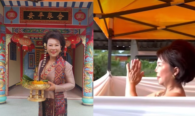 泰國前女議員阿瑪拉特兌現承諾，以「脫衣舞拜神」方式進行祈福儀式。（翻攝自臉書Amarat Chokepamitkul）