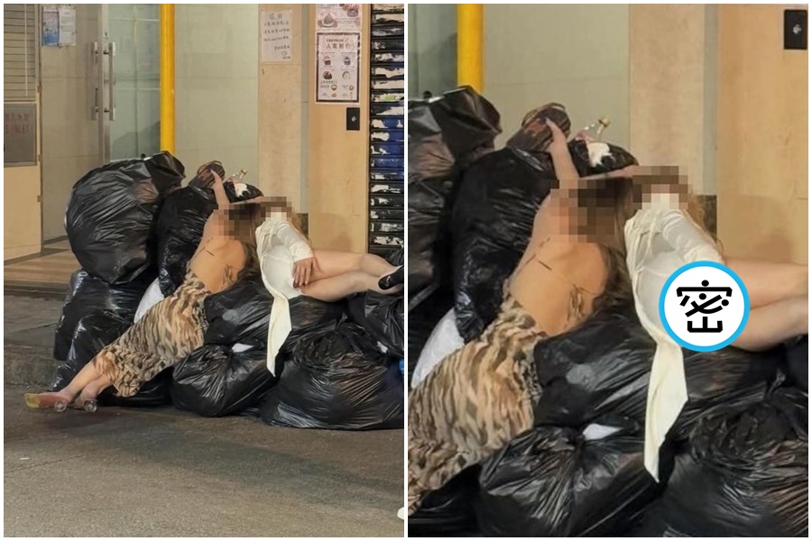 一名網友轉貼街景照片，只見2名辣妹竟躺在垃圾堆裡。（翻攝自爆廢公社臉書）