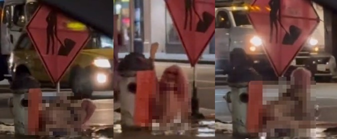 舊金山一名女子，全裸在大街上對著漏水的消防栓洗澡。（翻攝X@powellmarket415）