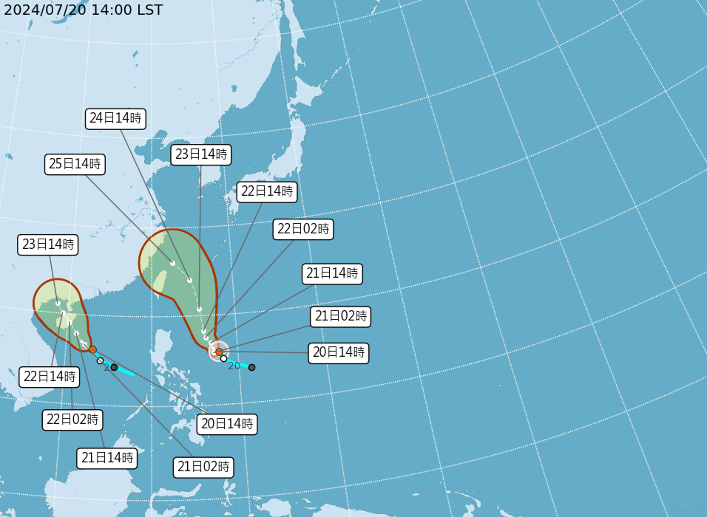 輕度颱風凱米,以及熱帶性低氣壓TD04路徑潛勢圖。(中央氣象署提供)