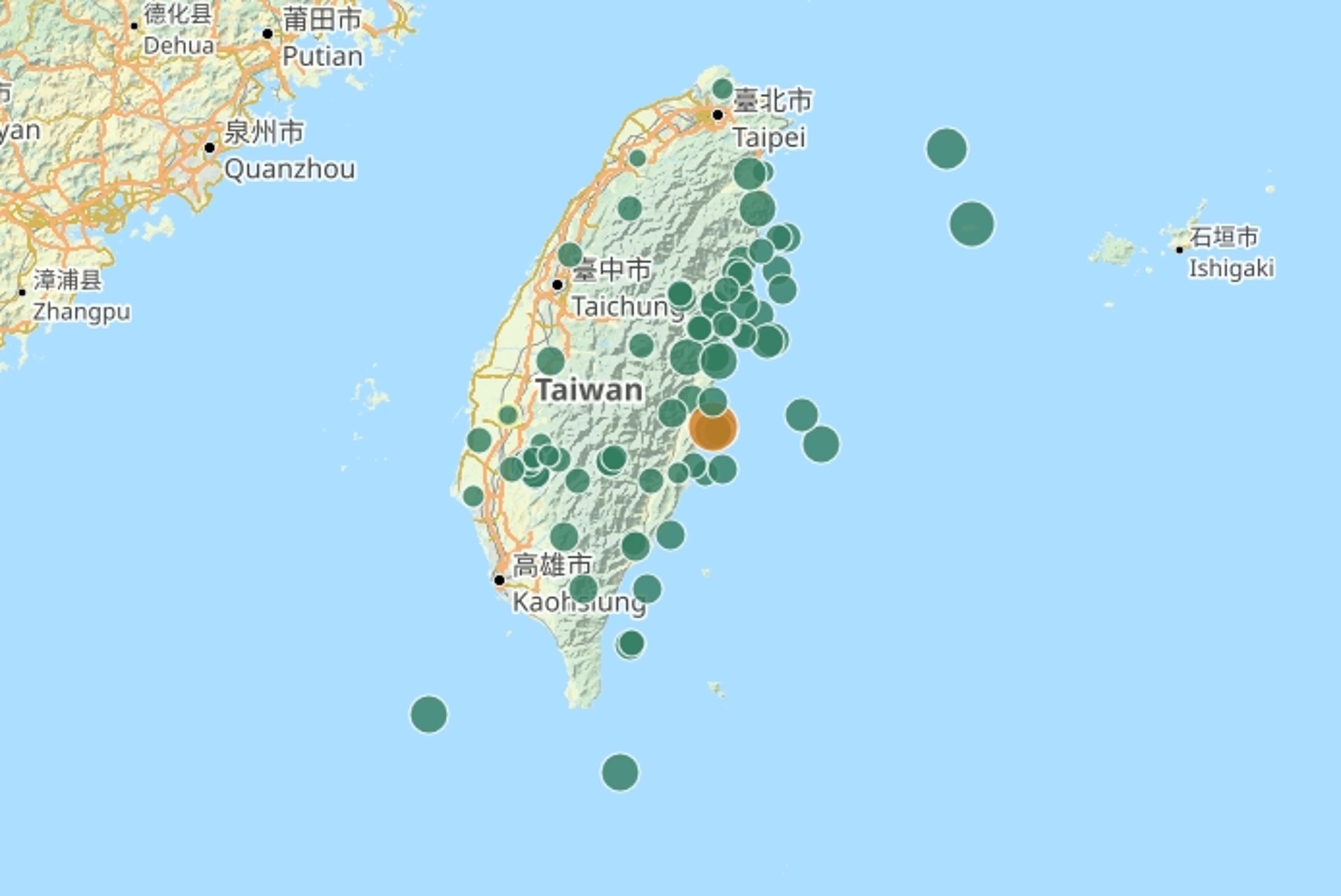 台灣「地牛翻身」的傳說源遠流長，至今仍是地震的代表說法，圖為台灣今年到目前為止的地震分布圖。（中央氣象署提供）