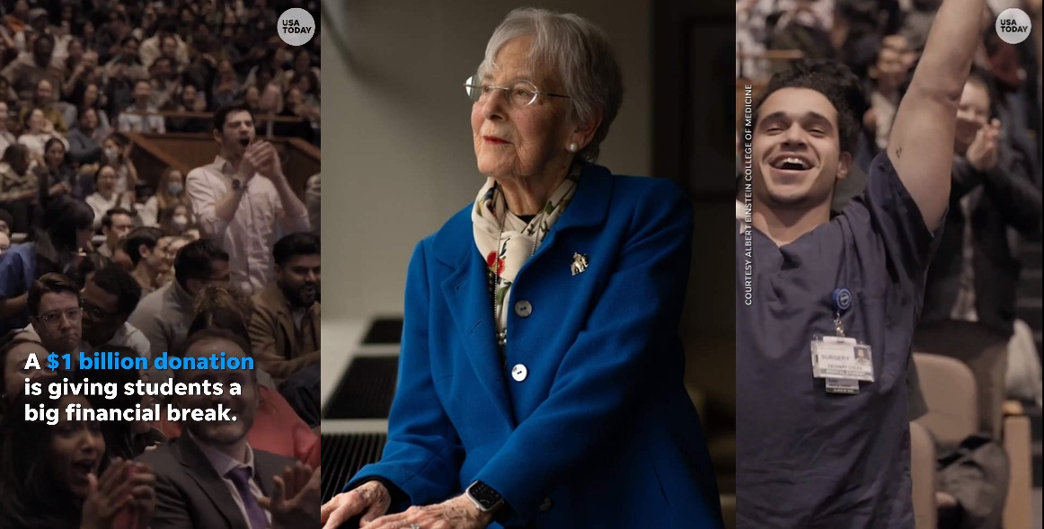 戈特斯曼捐贈10億美元給愛因斯坦醫學院,日後學生免付學費,讓在場學生欣喜若狂。(翻攝X@KafayaMariam、@USATODAY)