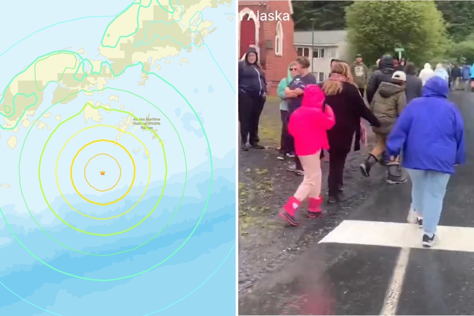  阿拉斯加近海7.3強震發布海嘯警報，民眾往高處避難畫面。（翻攝X、USGS官網）
