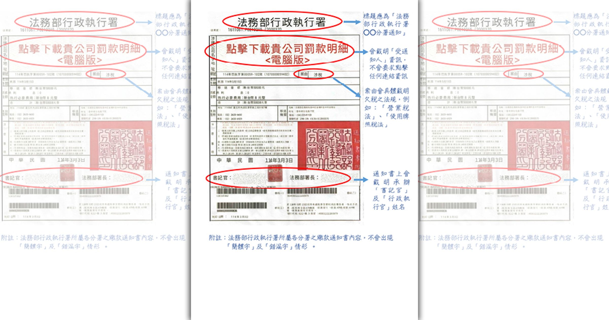 詐團冒名發假傳繳通知書，行政執行署提醒勿點擊或下載網路訊息以免受騙。（行政執行署提供）