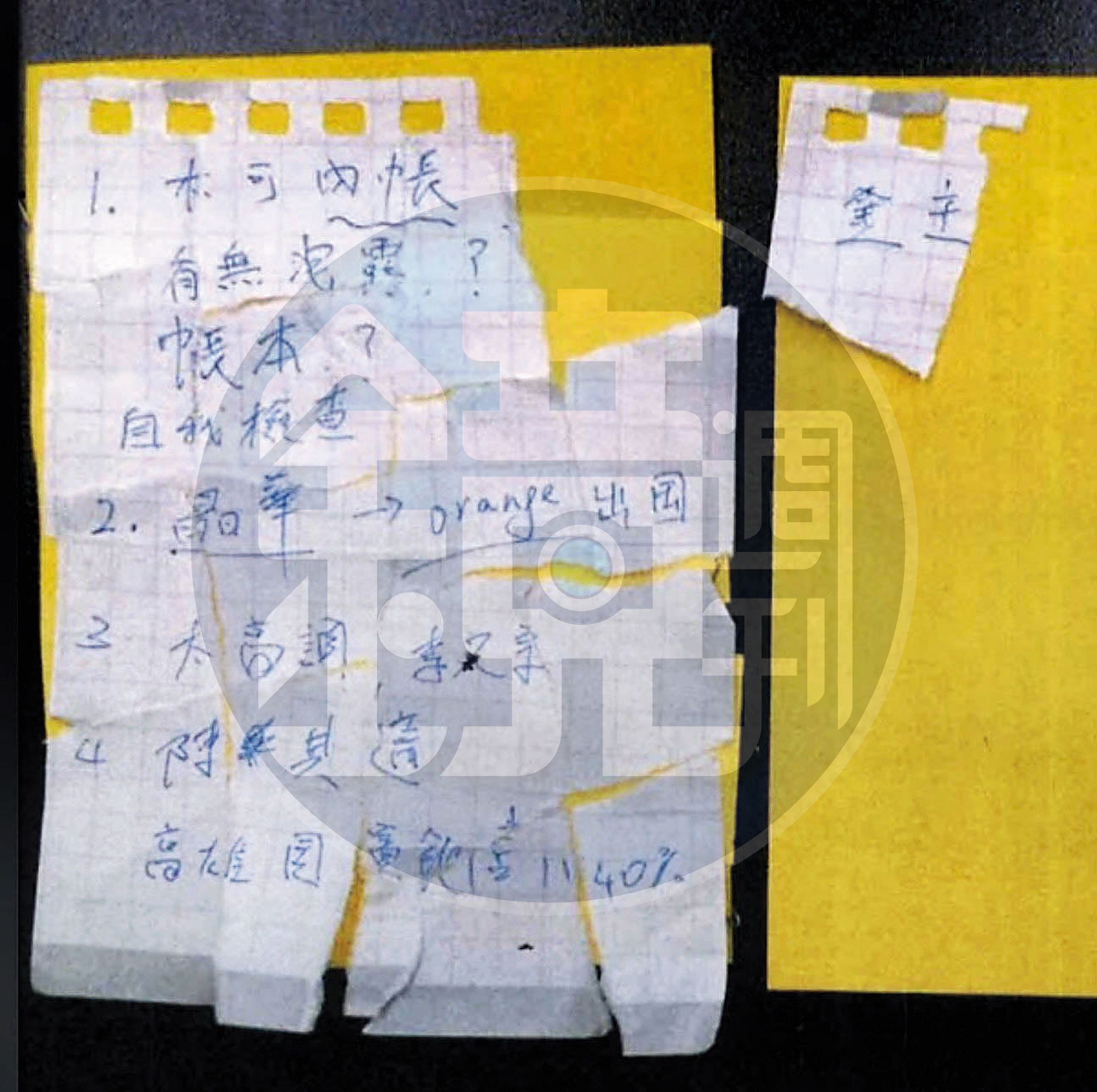 柯文哲撕毀的「木可內帳有無洩露？帳本？」「晶華→Orange出國」紙條。