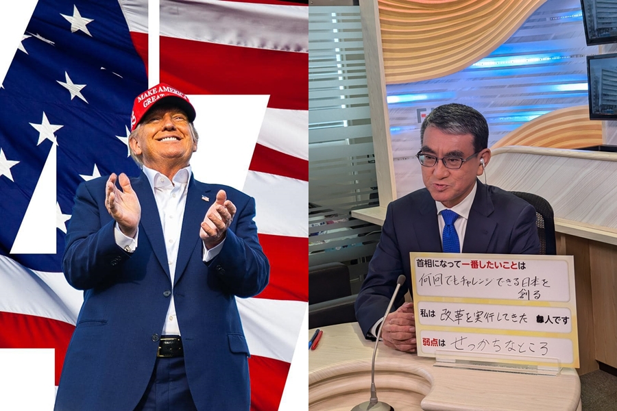 美、日大選下半年登場，國安人士提醒要小心中國突圍，左為美國總統候選人川普、右為日本自民黨總裁選舉候選人河野太郎。（翻攝自Donald J. Trump臉書、@konotarogomame X）