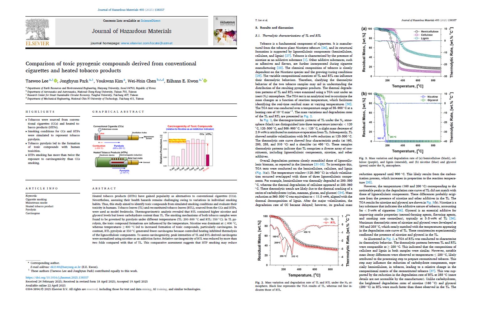 台韓跨國研究團隊，近日於國際權威期刊發表最新研究，加熱菸可有效降低多種有毒熱裂解產物的產生。（翻攝《Journal of Hazardous Materials》期刊）