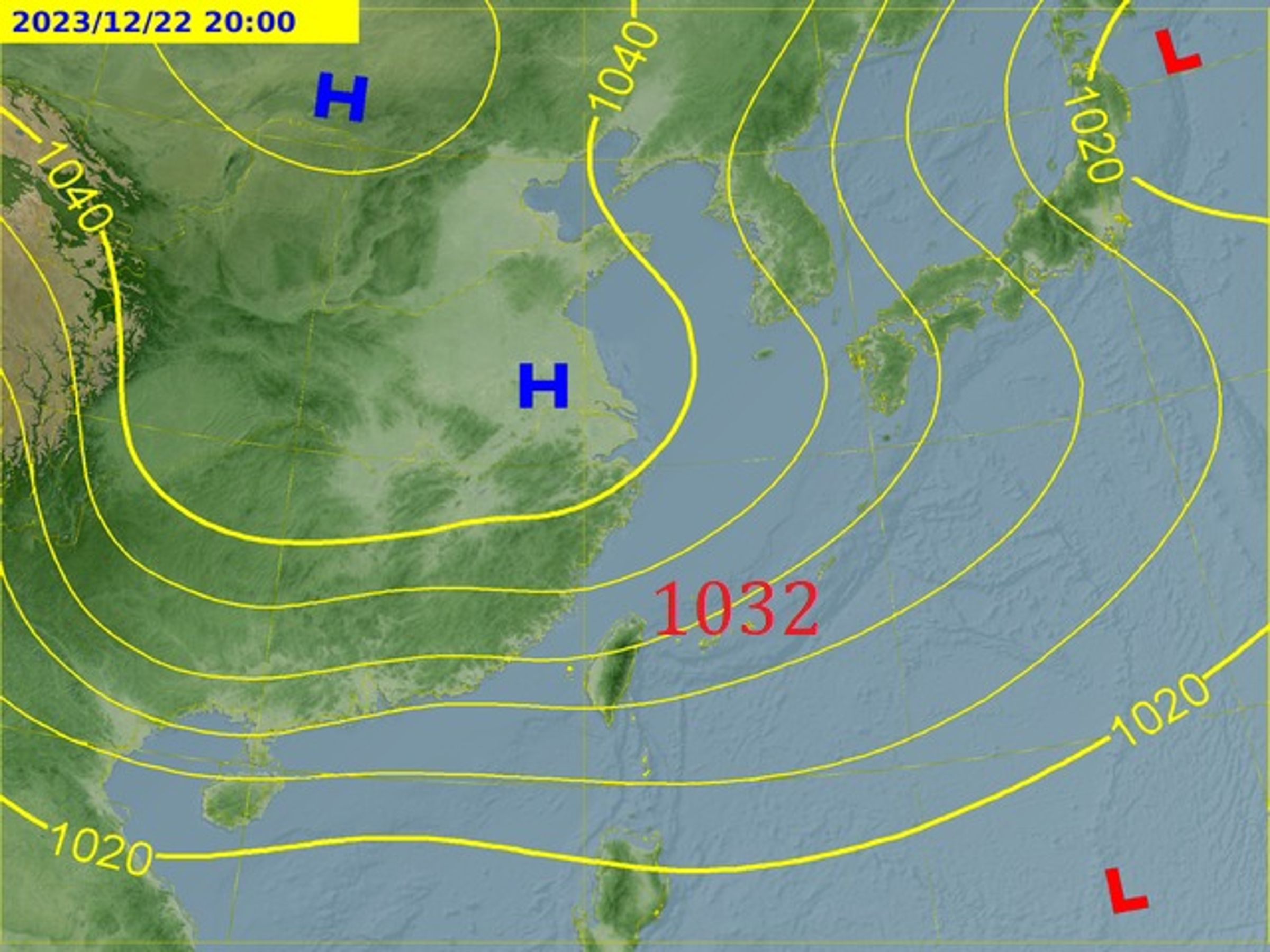 鄭明典今po出一張等壓線圖,指預報圖的1032等壓線明顯已跨越台灣,「基本上就是寒流預警了」。(翻攝自鄭明典臉書)