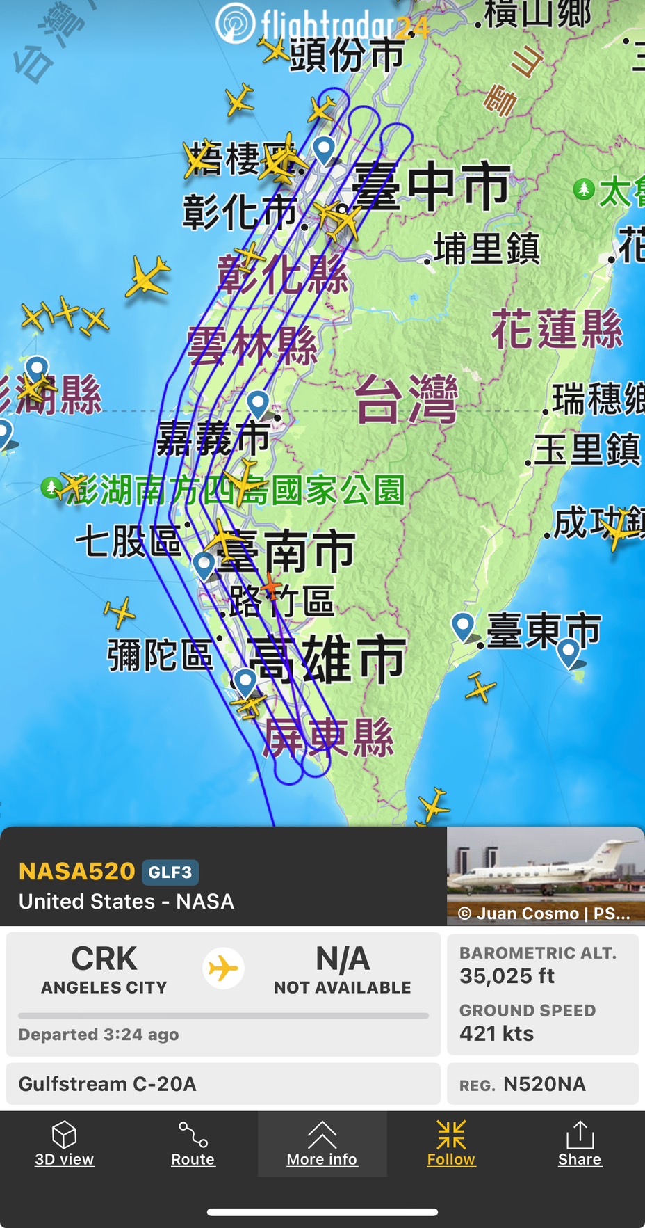 NASA灣流飛機在上空,繞了中南部好幾圈,要量測台灣的空氣品質。(翻攝自彭啟明臉書)