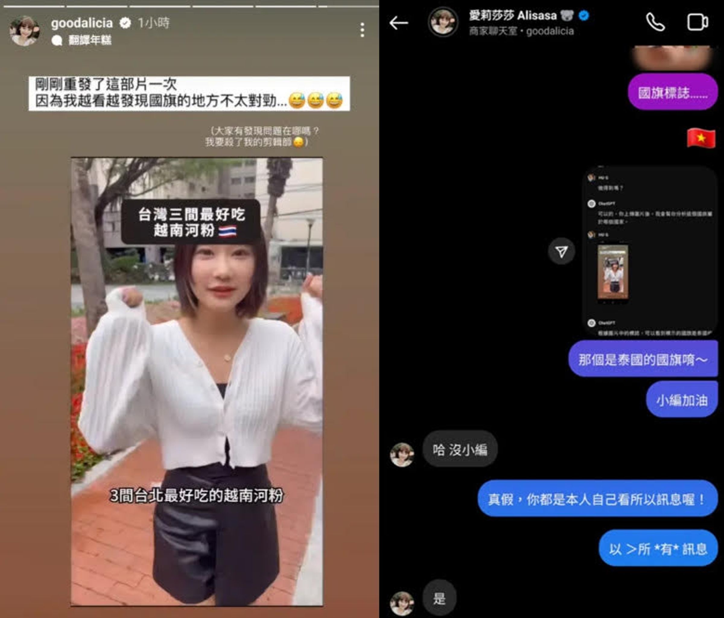 愛莉莎莎影片中誤將越南國旗標記為泰國國旗,被粉絲發現私訊提醒。(翻攝IG@goodalicia)