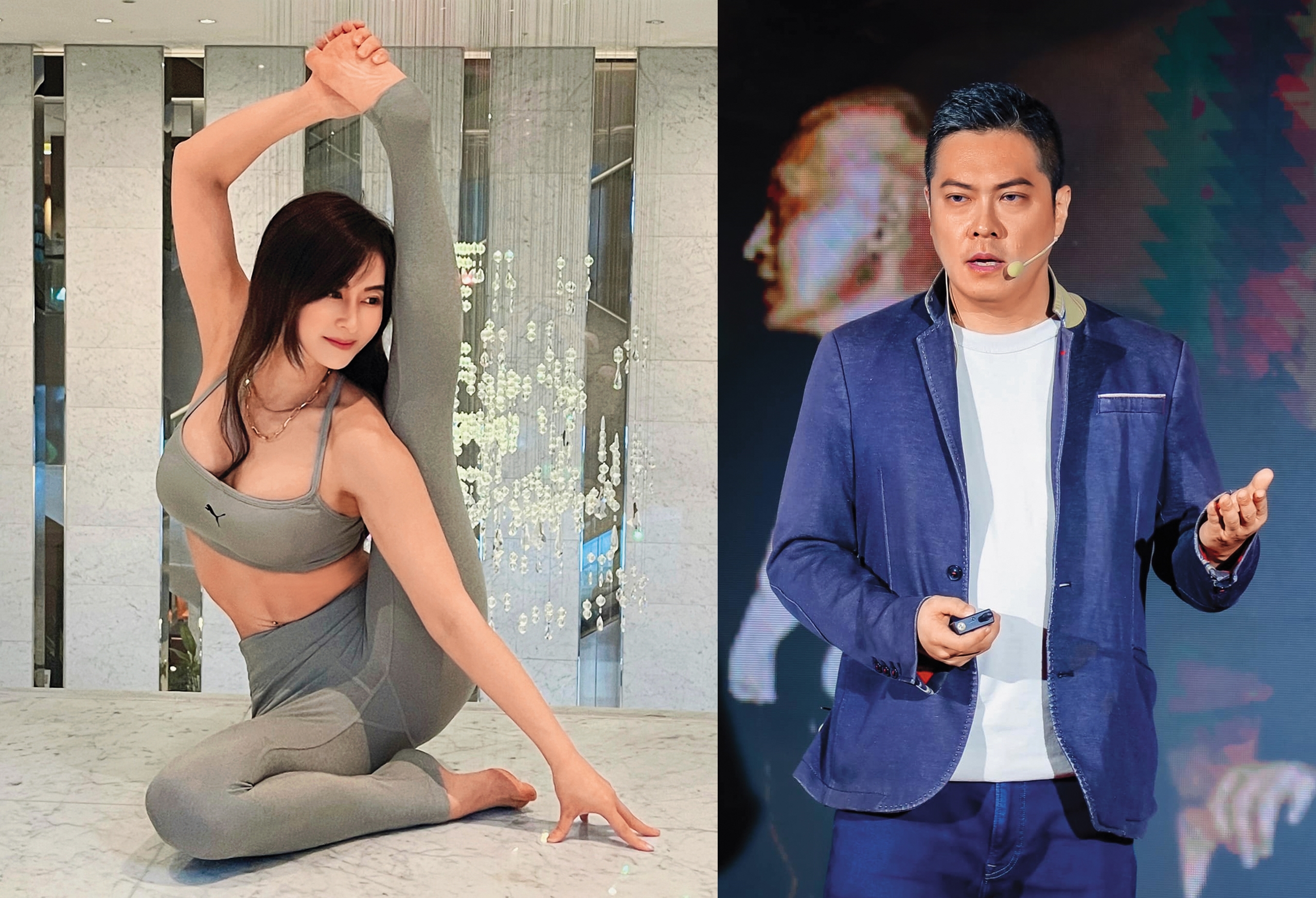 陳紹誠（右圖）與「瑜伽女神」夏米雅（左圖）戀情曝光後，遭女方老公韓先生提告；他淡出演藝圈後擔任TEDxNeihu的籌劃人之一，去年還曾受邀演講。（翻攝自陳紹誠臉書）