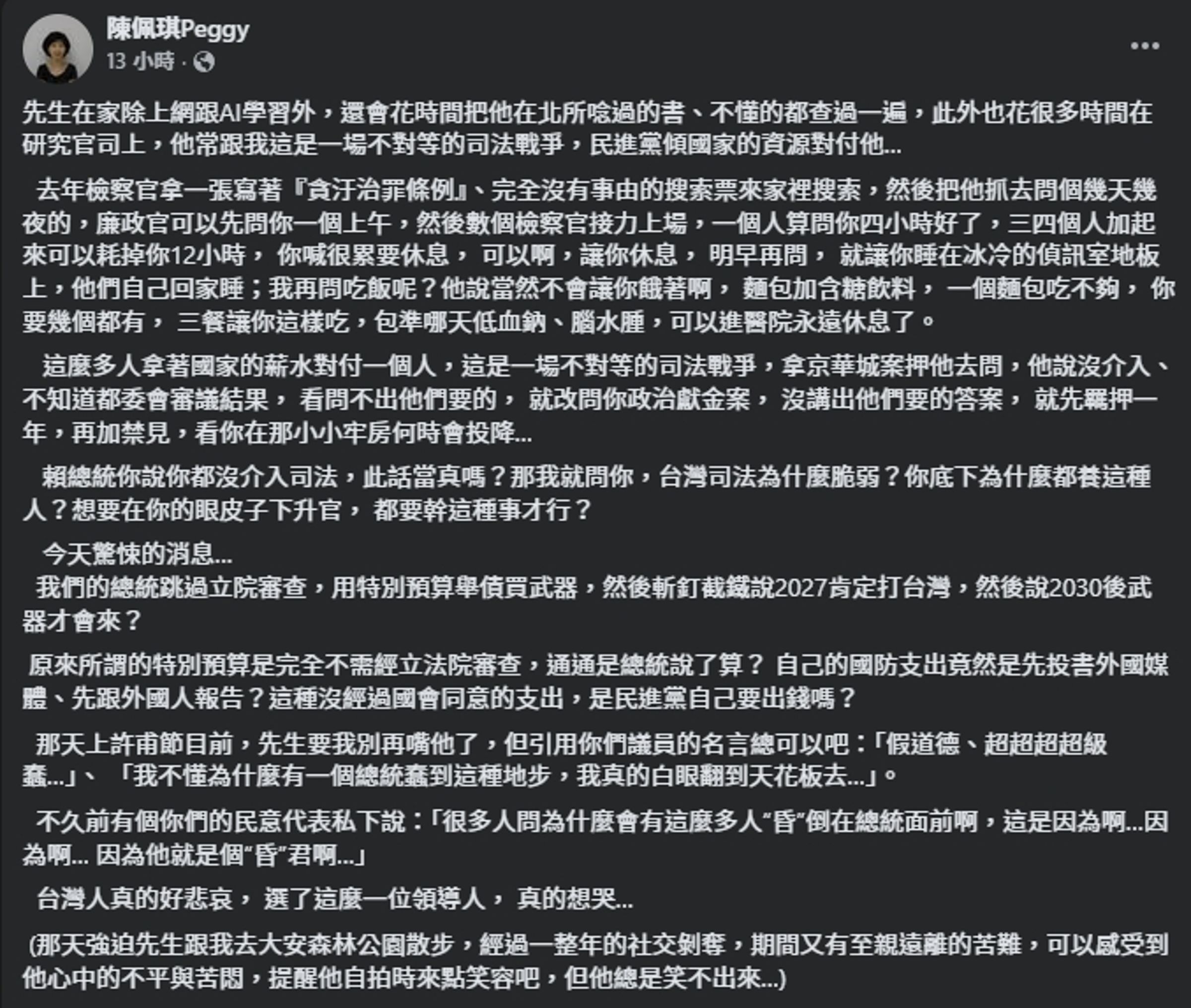 陳佩琪再度發文痛批司法。(翻攝自臉書@陳佩琪)