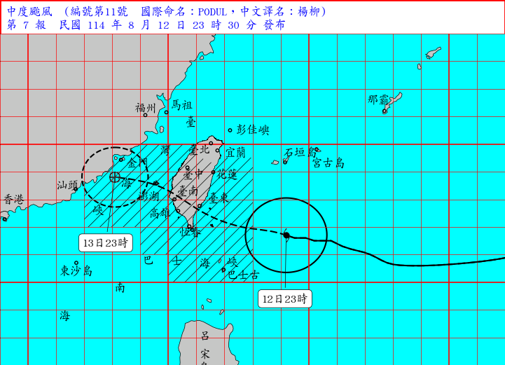 楊柳颱風過去3小時強度略為增強且暴風圈稍擴大。（翻攝自中央氣象署官網）
