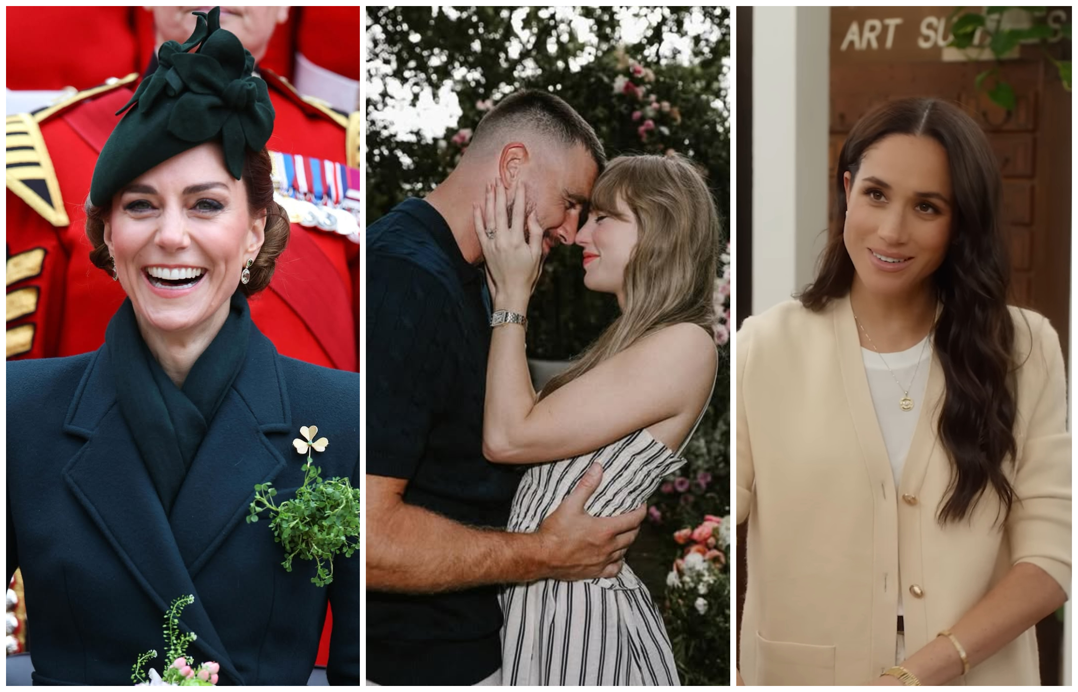 泰勒絲（中）宣布訂婚，凱特王妃（左）、梅根馬可（右）都紛紛獻上祝福。（翻攝taylorswift IG、princeandprincessofwales IG、meghan IG）
