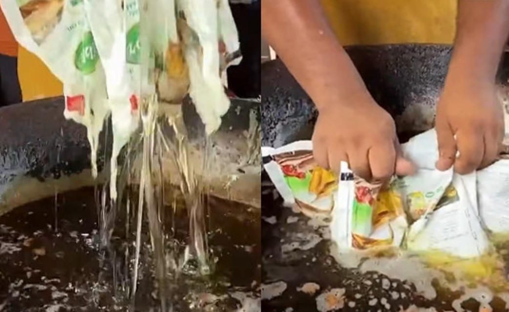 印度一家攤販直接將塑膠袋放進滾燙的油鍋補油，塑膠袋遇到高溫瞬間熔化。（翻攝臉書粉專＠TIMES NOW）