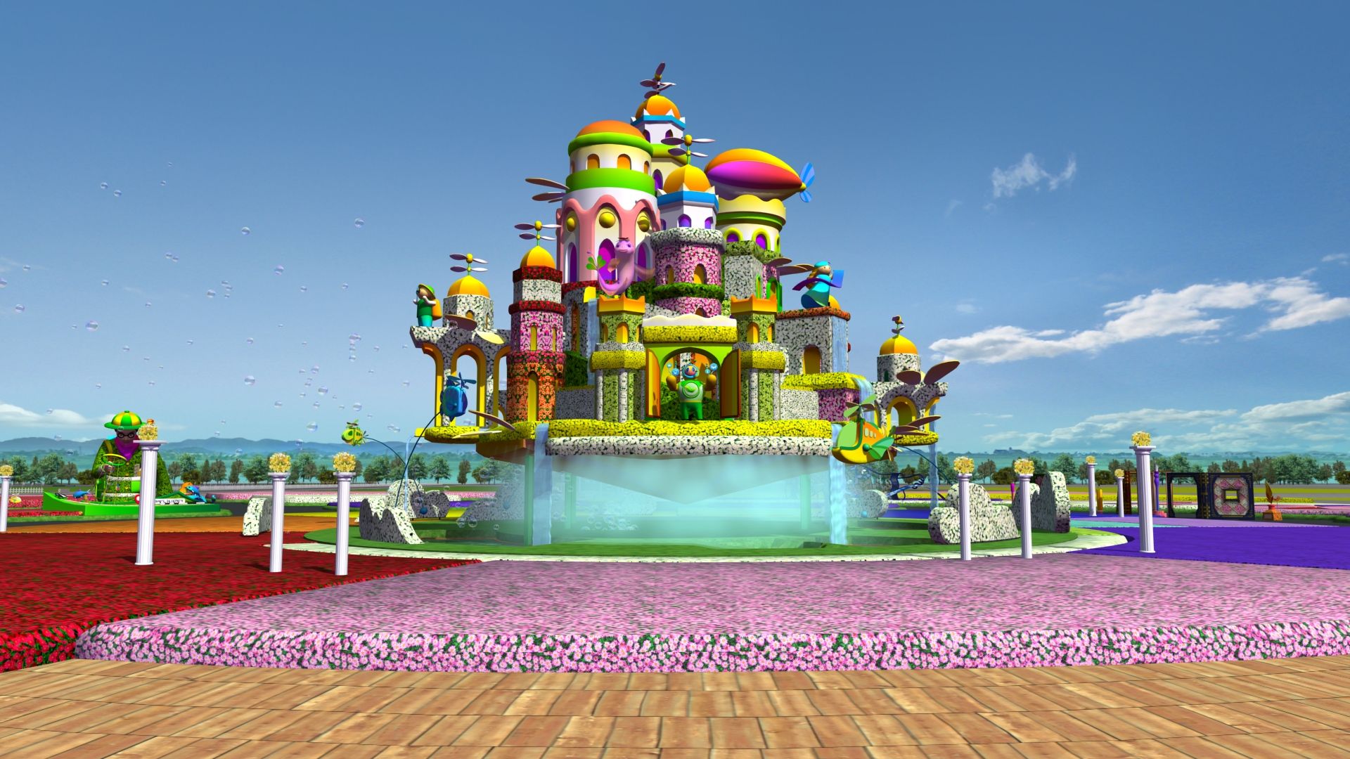 台中國際花毯節於新社種苗繁殖場展開為期23天的花卉盛典，展區最大亮點為全台首座飄浮空中的花卉城堡「漂浮花都」。