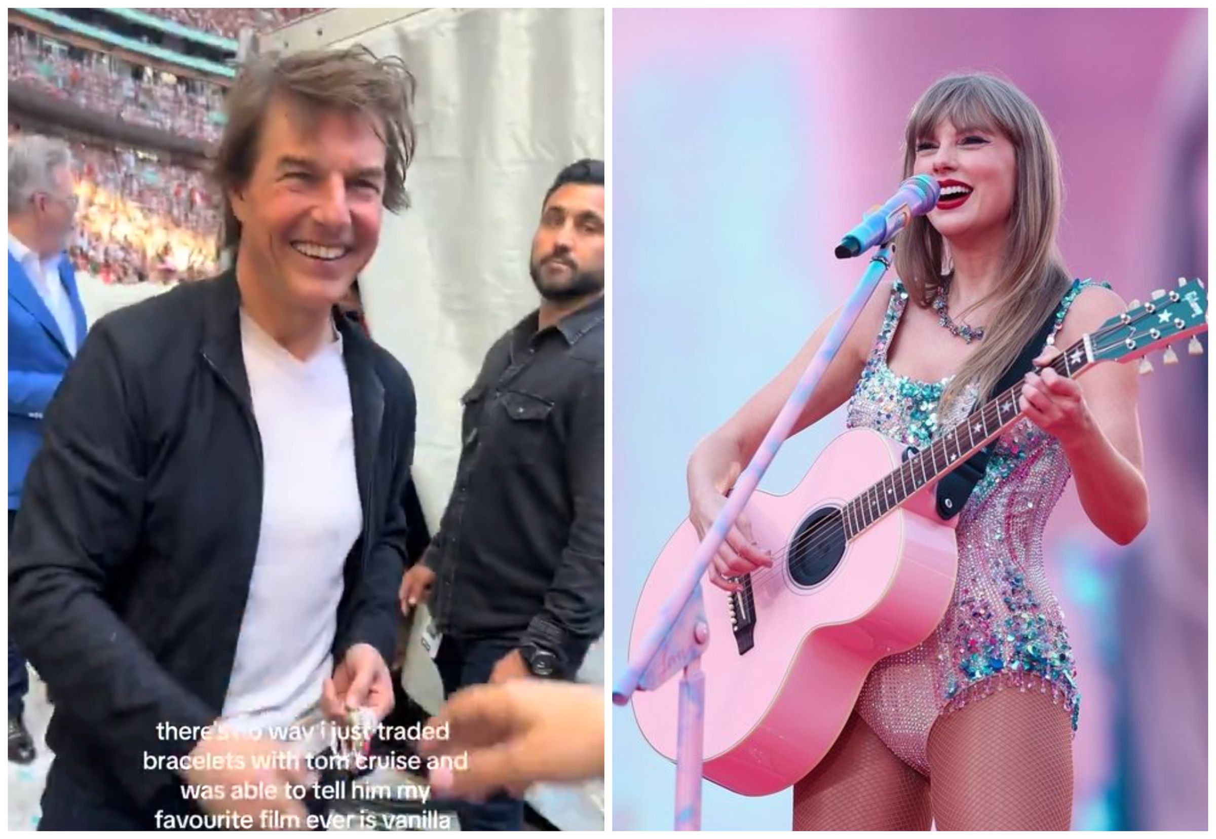 阿湯哥(左圖)現身泰勒絲(右圖)演唱會,吸引不少目光。(翻攝X@SwiftsTiktok、Taylor Swift IG)