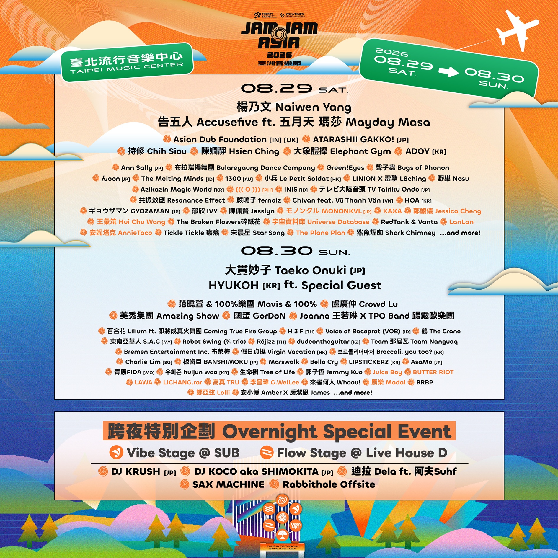 JAM JAM ASIA 亞洲音樂節將集結美秀集團、大象體操、ADOY、假日貞操等超過80組亞太音樂人,於8月29、30日在臺北流行音樂中心接力開唱。(北流提供)