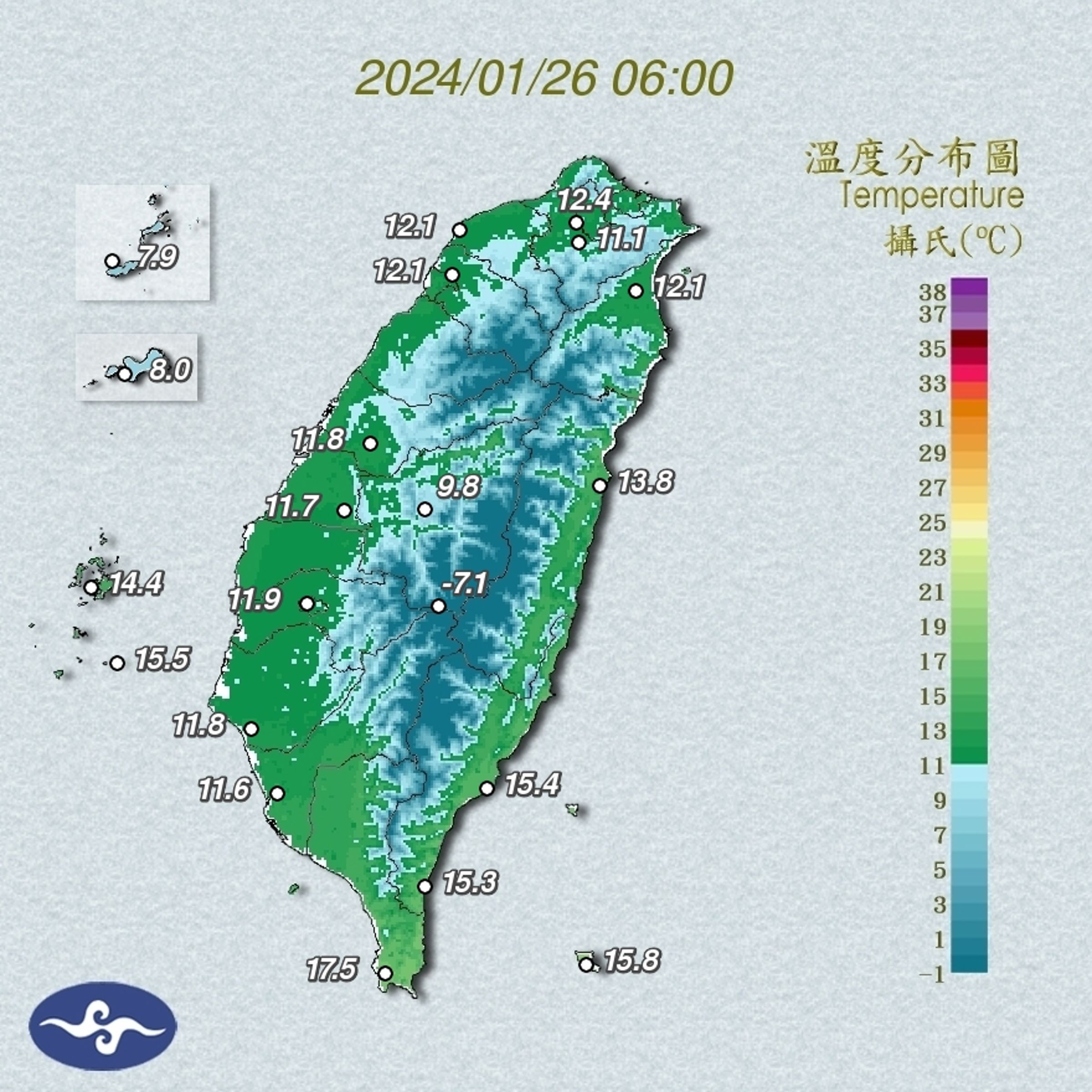 今日各地溫度分布圖。(中央氣象署提供)