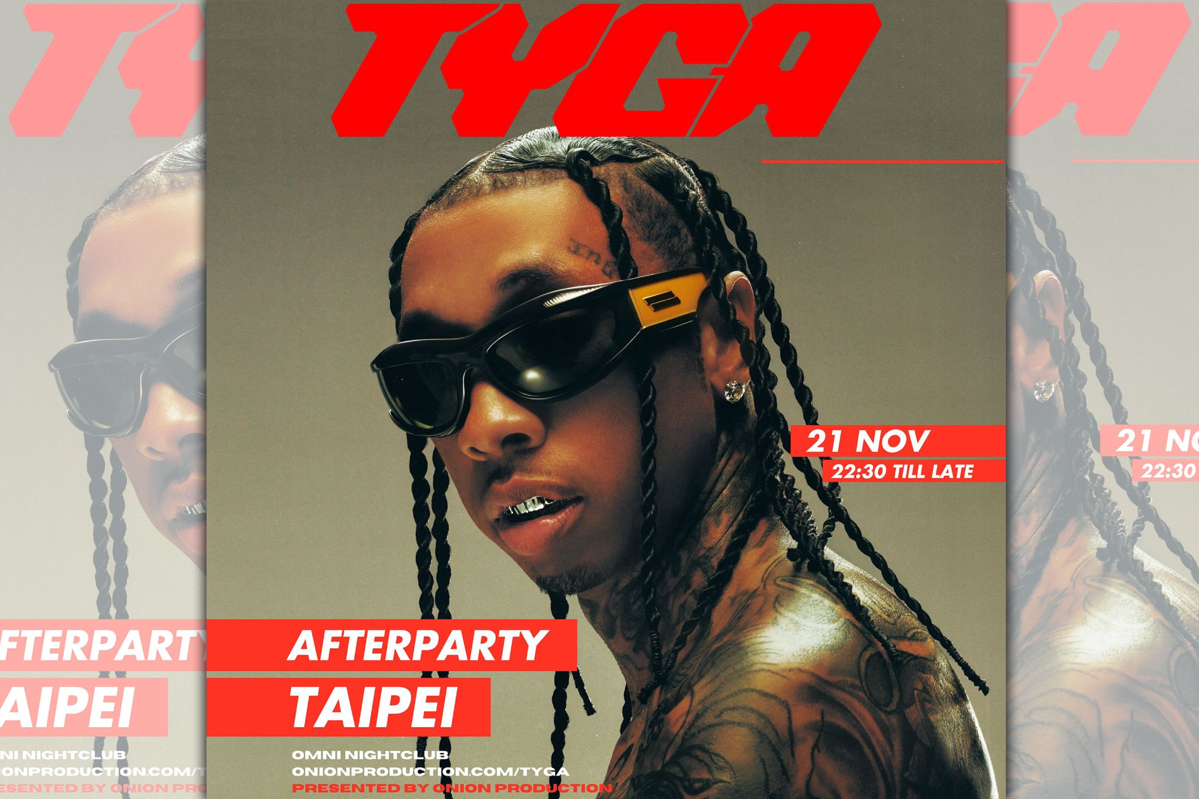 美國饒舌歌手泰加(Tyga)原訂去年11月21日來台開唱,因沒趕上飛機放鳥台灣演出。(翻攝自Onion Production臉書)