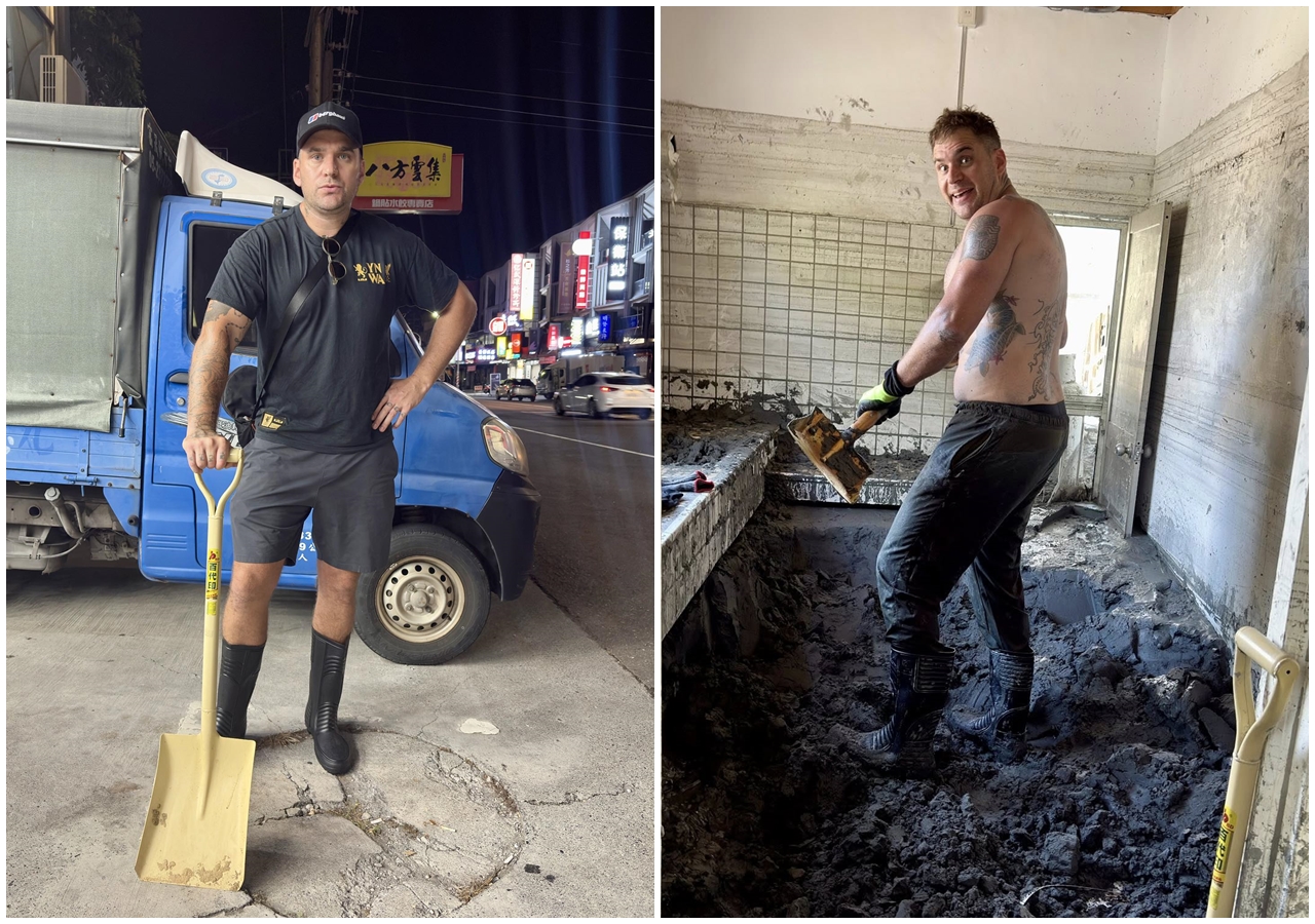 網紅「大豐大哥大」李大豐揪老婆一起到光復當「鏟子超人」，畫面曝光引起許多網友留言讚爆。（翻攝自大豐大哥大臉書粉專）