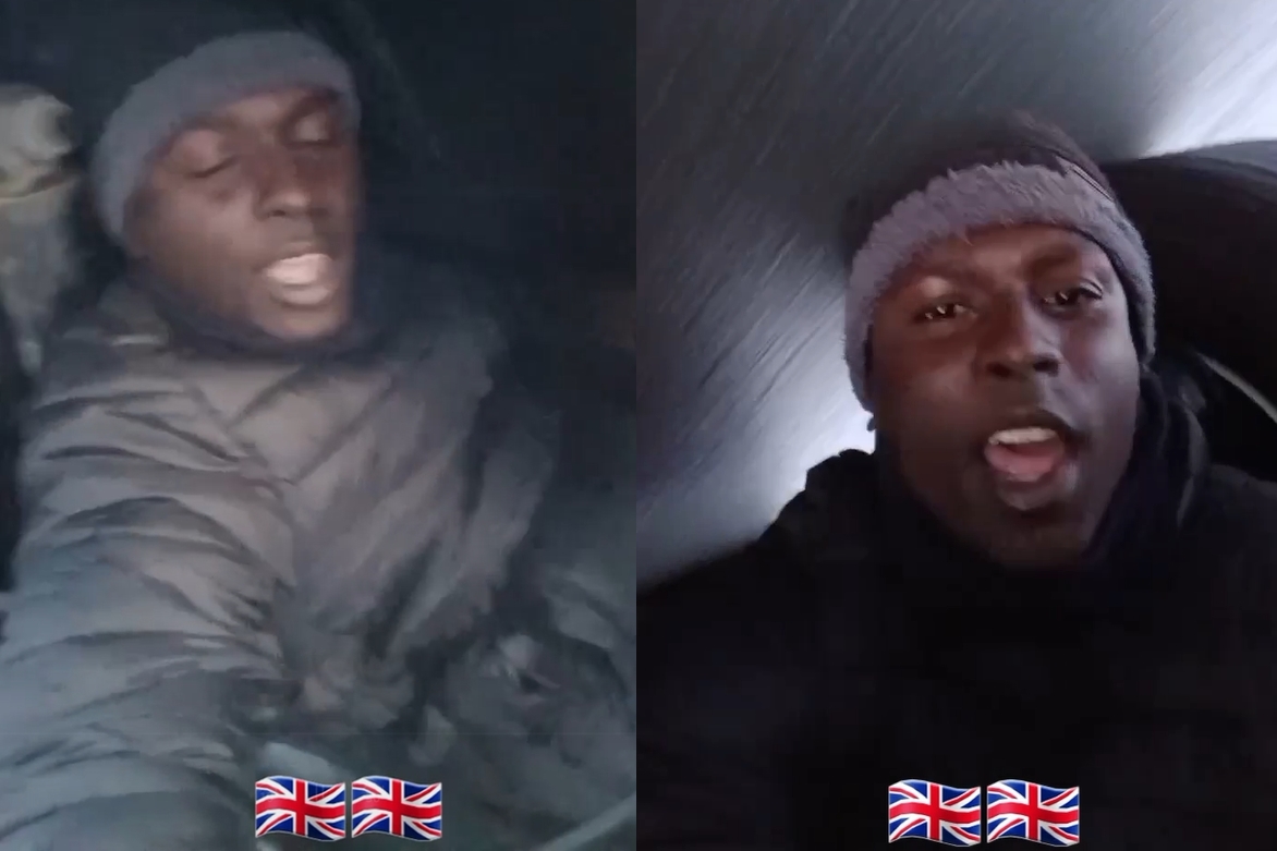 這名疑似偷渡客對著鏡頭說話時，這輛大貨車似乎正沿著一條主要幹道高速狂飆。（翻攝自tiktok）