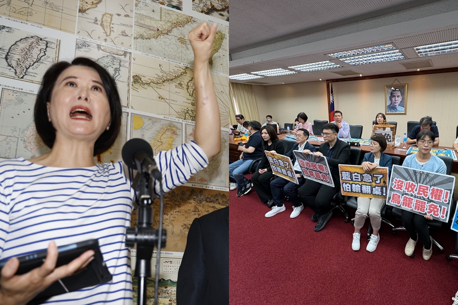 王鴻薇（左）今在立法院戰鬥值滿滿，不僅與洪申翰因推擠互嗆，還賞林楚茵巴掌。民進黨團今則是一早就占領會議室（右圖）。