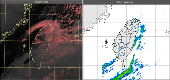 今晨4時30分真實色雲圖顯示，本島除中部雲層較少，其他地區皆有結構鬆散的中層雲或低層雲（左圖）。5時降水回波合成圖顯示，降水回波大多在巴士海峽及東部海上（右圖）。（翻攝自氣象應用推廣基金會）