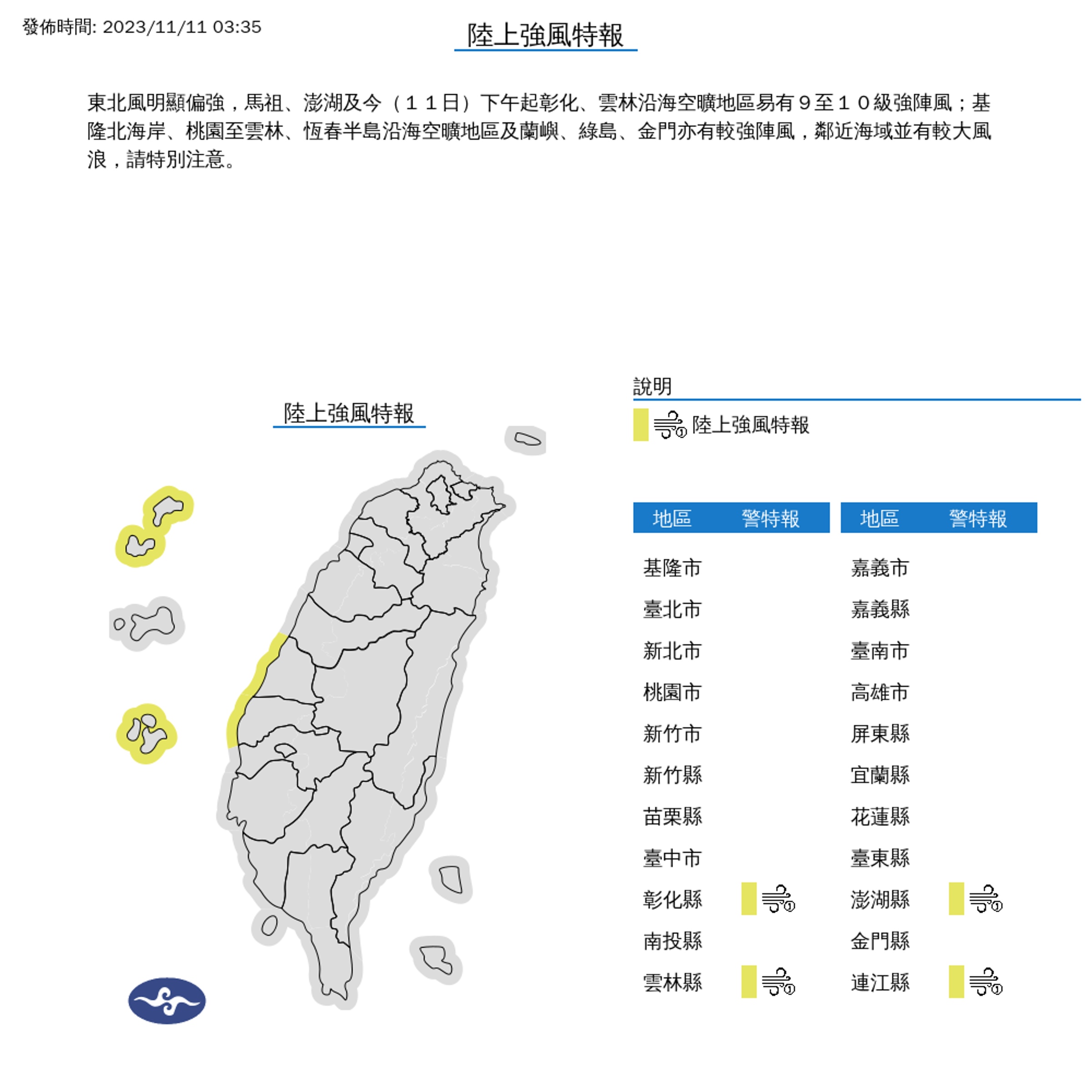 東北風明顯偏強下,氣象署還發布陸上強風特報。(中央氣象署提供)